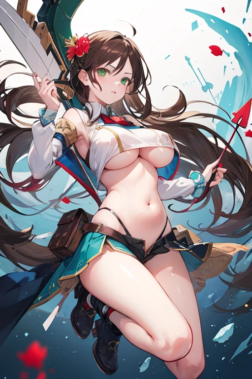 -arcana,arcana,Windranger anime style, solo, bow \(weapon\), weapon, 1girl, simple background, flower, long hair,, bug, green eyes, arrow \(projectile\), no humans, full bodyexposed belly, brown hair with red tips, short, (big boobs)
