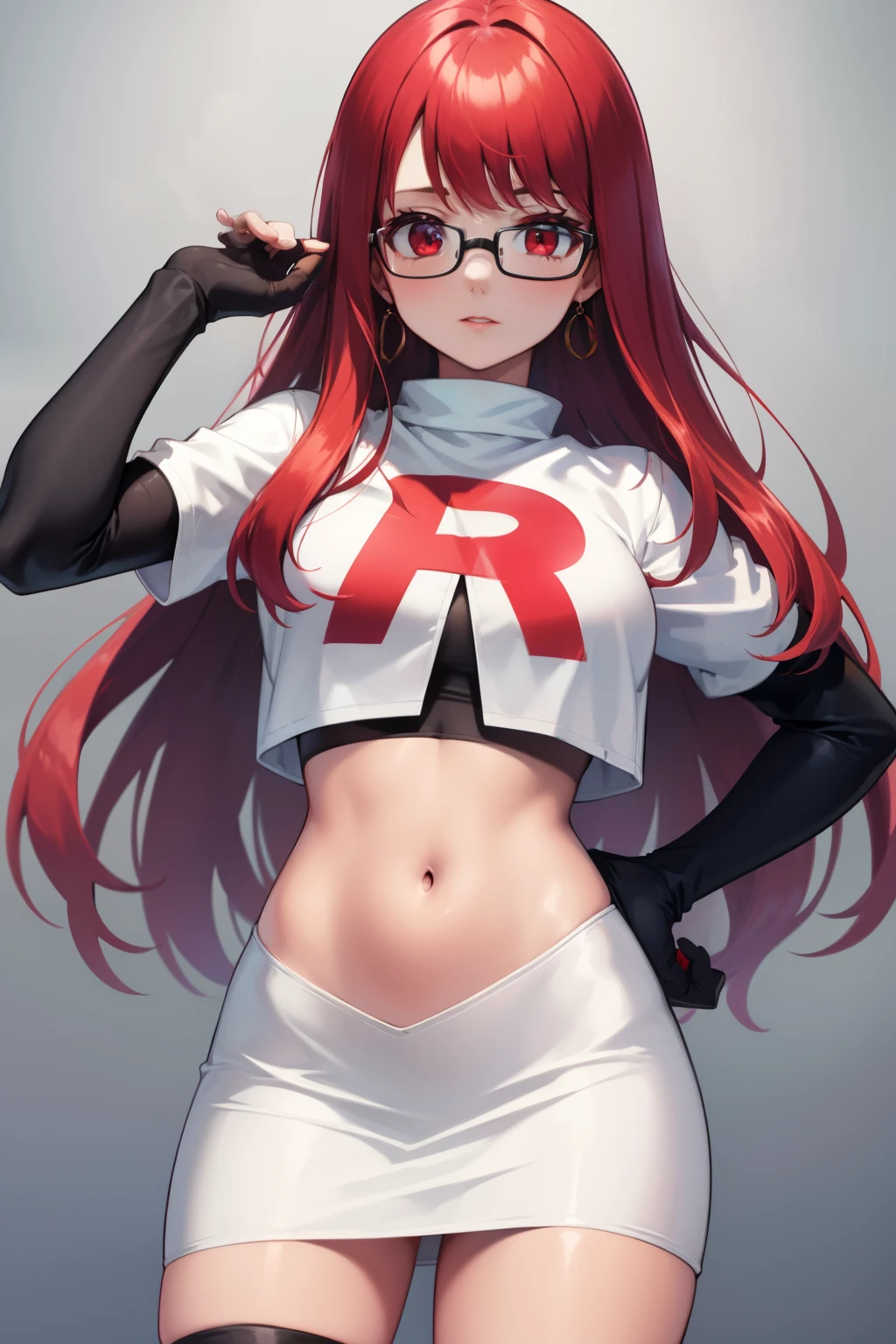 Yoshizawa Sumire, red hair ,long hair, glasses, straight hair, red eyes ,glossy lips, light makeup, eye shadow, earrings ,team rocket,team rocket uniform, red letter R, white skirt,white crop top,black thigh-high boots, black elbow gloves,