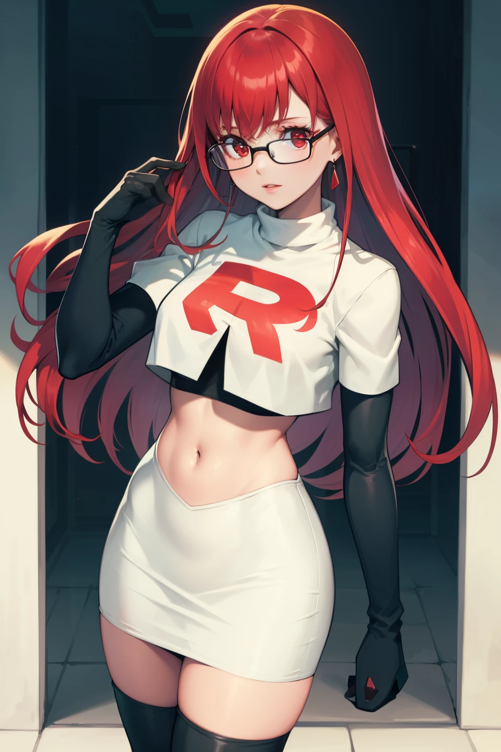 Yoshizawa Sumire, red hair ,long hair, glasses, straight hair, red eyes ,glossy lips, light makeup, eye shadow, earrings ,team rocket,team rocket uniform, red letter R, white skirt,white crop top,black thigh-high boots, black elbow gloves,