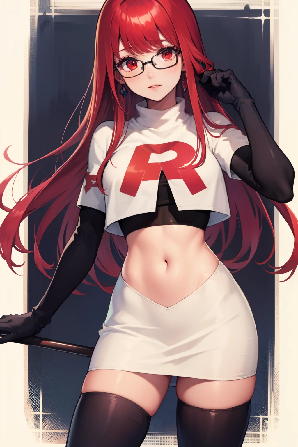 Yoshizawa Sumire, red hair ,long hair, glasses, straight hair, red eyes ,glossy lips, light makeup, eye shadow, earrings ,team rocket,team rocket uniform, red letter R, white skirt,white crop top,black thigh-high boots, black elbow gloves,