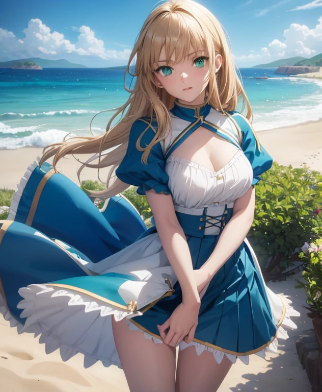 1girl,masterpiece, best quality, high resolution, green eyes, blue miniskirt, blue skirt, white blouse, short blouse, big breasts, beautiful breasts, pretty, blue skirt beach, sand, sea :o