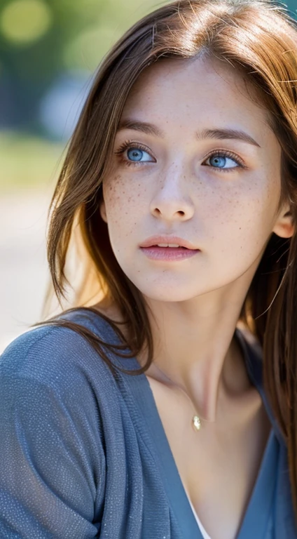 Sure, here is the translation of the text you provided in English:

A girl of medium height, between 5'1" and 5'3" (150 to 160 cm), was walking down the street on a sunny day. Her brown or red hair blew in the wind, and her blue-gray eyes sparkled in the sunlight. Small freckles dotted her face, making her even more attractive and striking. A small mole on the left side of her face shone like a bright star, adding to her unique beauty