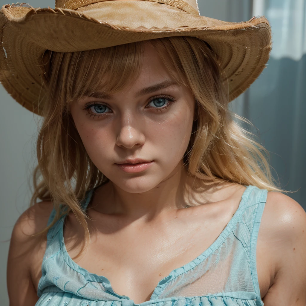 A beautiful cute blonde girl, hair bangs, cowboy hat, cyan eyes, ultra realistic soft skin, extreme detail, high masterpiece, 8k, photography, studio light, ultra realistic lighting, high realistic ray tracing, cowboy dress, RAW photo, photo studio, perfect detailed cute face, teenager