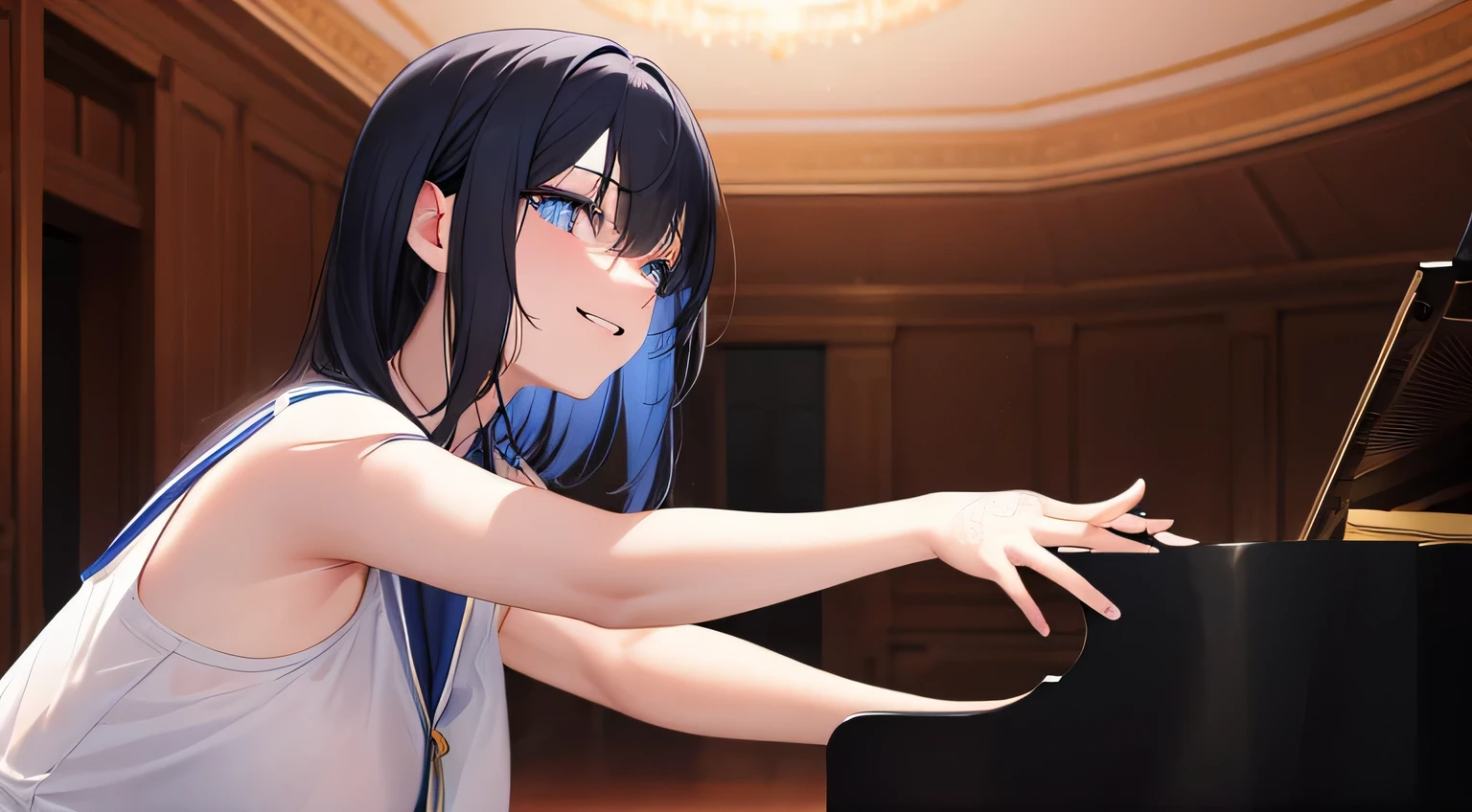 nagase nano, black hair, medium hair, with bangs, open forehead, sided hair, blue eyes, small breast, white and blue clothes, indoor, dark theatre, performing piano piece, grand piano, smiling, (masterpiece:1.2), best quality, high resolution, unity 8k wallpaper, (illustration:0.8), (beautiful detailed eyes:1.6), extremely detailed face, perfect lighting, extremely detailed CG, (perfect hands, perfect anatomy)