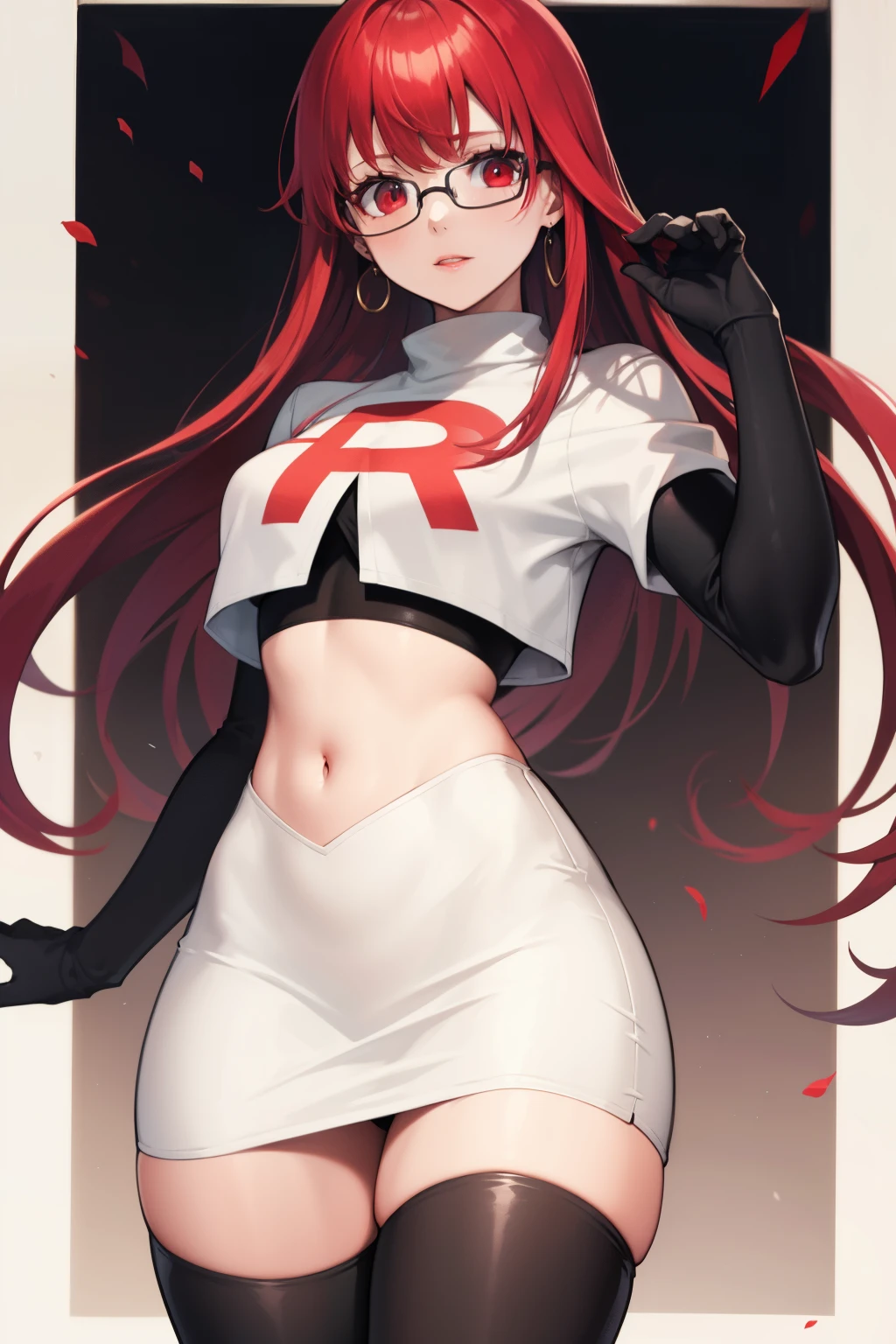 Yoshizawa Sumire, red hair ,long hair, glasses, straight hair, red eyes ,glossy lips, light makeup, eye shadow, earrings ,team rocket,team rocket uniform, red letter R, white skirt,white crop top,black thigh-high boots, black elbow gloves,