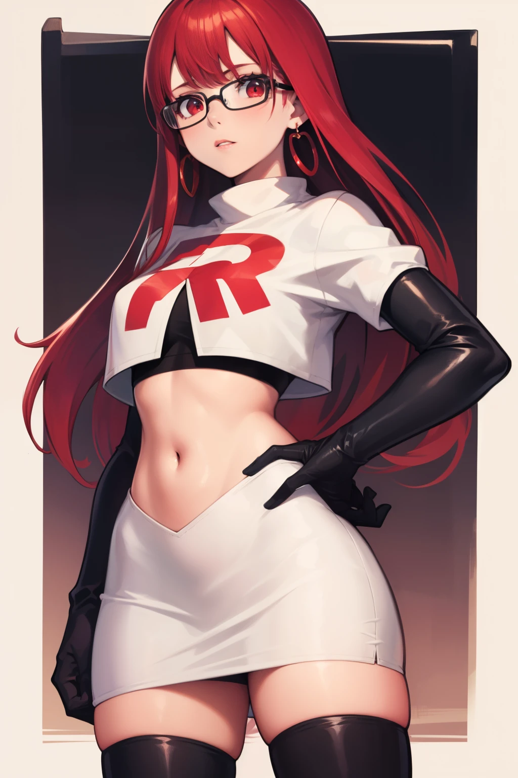 Yoshizawa Sumire, red hair ,long hair, glasses, straight hair, red eyes ,glossy lips, light makeup, eye shadow, earrings ,team rocket,team rocket uniform, red letter R, white skirt,white crop top,black thigh-high boots, black elbow gloves,