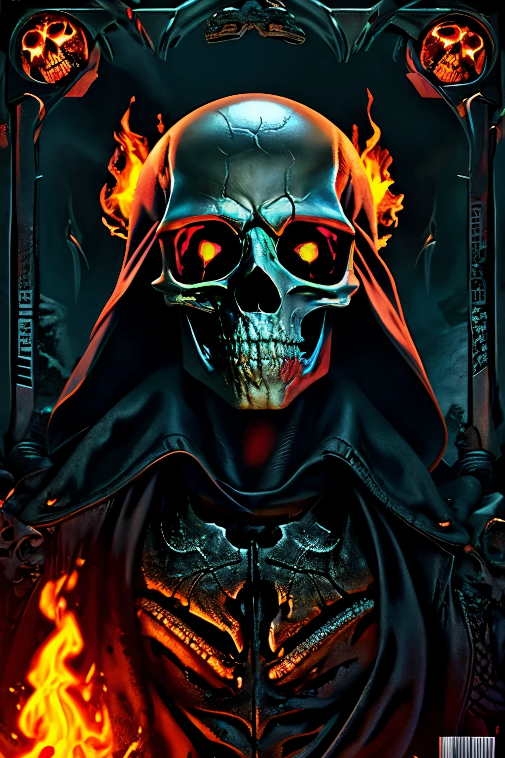 cyborg, magazine cover, poster art , Lovecraftian horror genre,  hint of crimson, bold huge text, matted design layout. a close up of a skull with flames on it's face, flaming skull, fiery skull contemplating life, skull design for a rock band, flame, flaming grim reaper, heavy metal art style, ghost rider, heavy metal tshirt design, skull like, flames in the background, profile pic, phone wallpaper