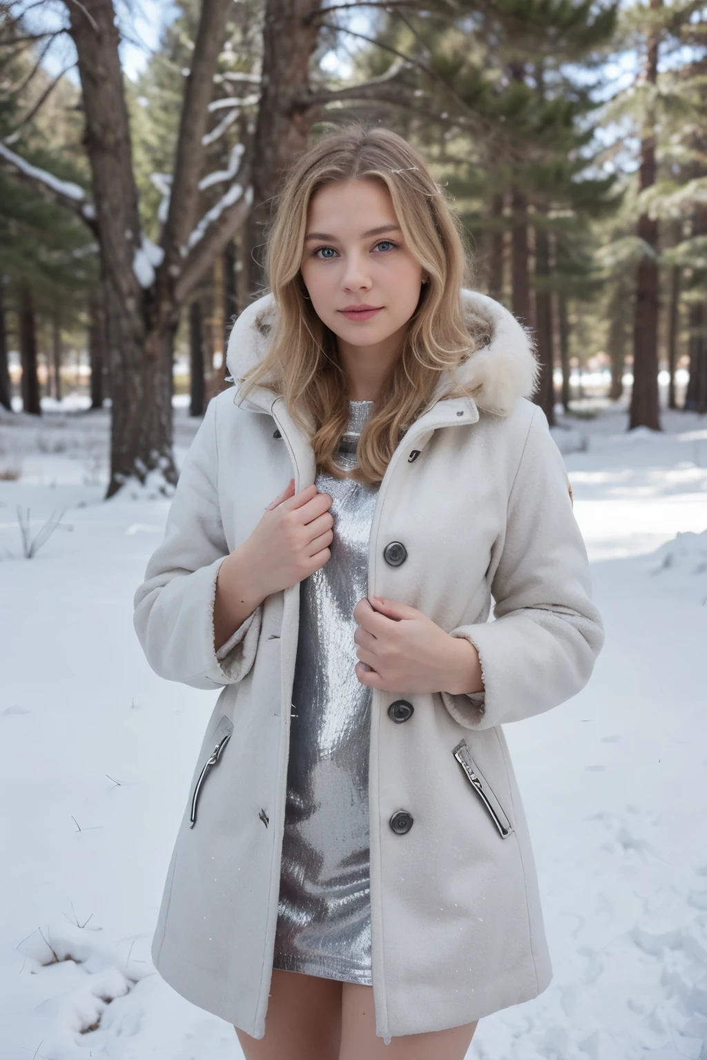 Extreamly realistic blonde Russian girl with blonde hair and blue eyes, at Winter Wonderland:

Attire: Elegant white fur coat over a shimmering silver dress.
Location: Snowy landscape with pine trees.
Position: Standing with snowflakes falling around, holding the coat slightly open.
