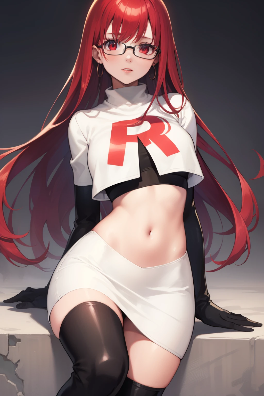 Yoshizawa Sumire, red hair ,long hair, glasses, straight hair, red eyes ,glossy lips, light makeup, eye shadow, earrings ,team rocket,team rocket uniform, red letter R, white skirt,white crop top,black thigh-high boots, black elbow gloves,