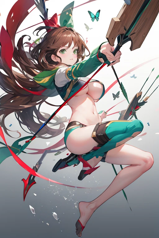 -arcana,arcana,Windranger anime style, solo, bow \(weapon\), weapon, 1girl, simple background, flower, long hair,, bug, green eyes, arrow \(projectile\), no humans, full bodyexposed belly, brown hair with red tips, short, (big boobs)