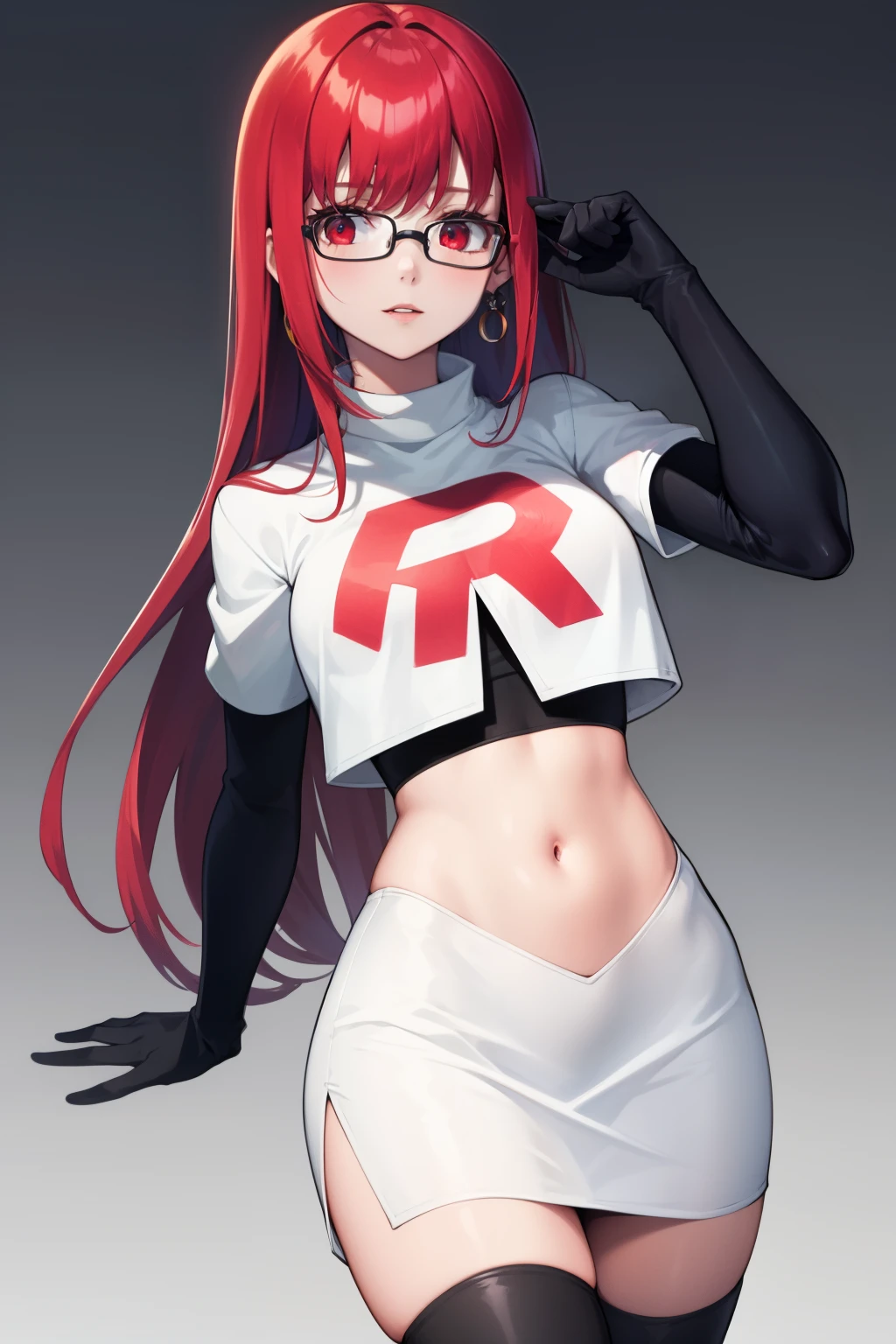 Yoshizawa Sumire, red hair ,long hair, glasses, straight hair, red eyes ,glossy lips, light makeup, eye shadow, earrings ,team rocket,team rocket uniform, red letter R, white skirt,white crop top,black thigh-high boots, black elbow gloves,