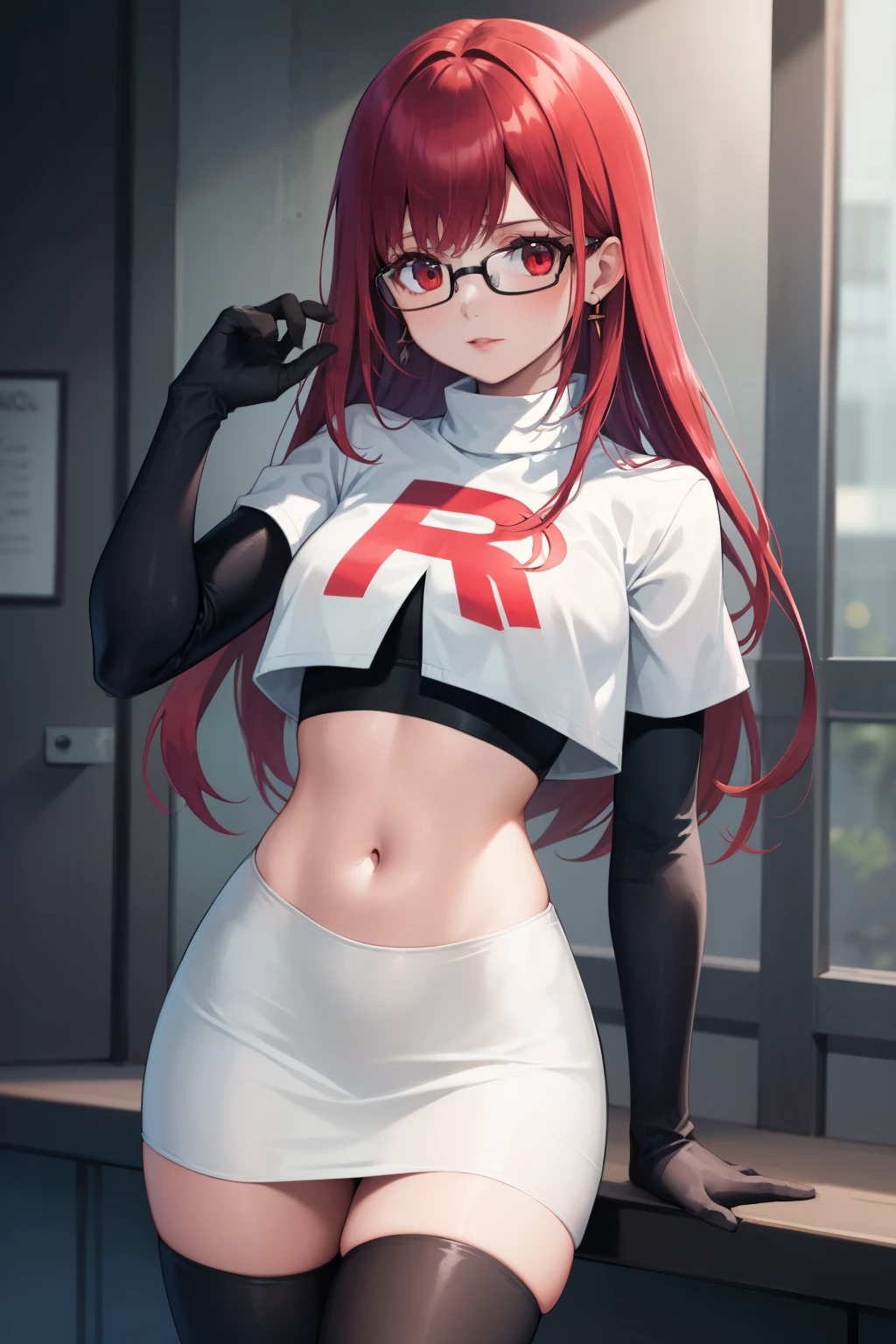 Yoshizawa Sumire, red hair ,long hair, glasses, straight hair, red eyes ,glossy lips, light makeup, eye shadow, earrings ,team rocket,team rocket uniform, red letter R, white skirt,white crop top,black thigh-high boots, black elbow gloves,