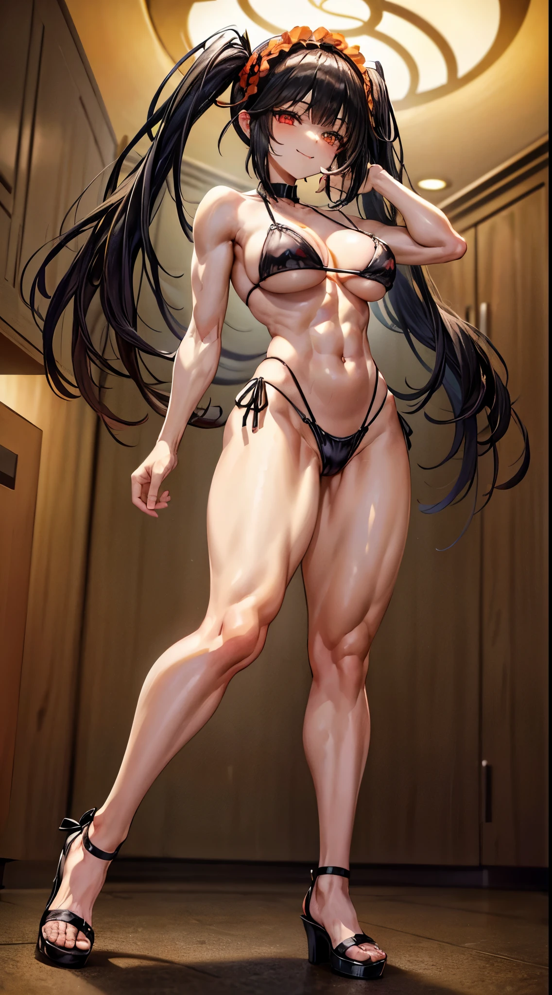 1 girl, bare shoulders, black hair, medium breasts, (muscular legs), bare legs, muscular belly, wide hips, thin waist, (((clock eyes))), (wearing a very short and sexy bikini), finger to the mouth, ( ((in the motel room))), full body, headband, (with her back to me showing me her big ass), (standing), heterochromia, index finger raised, black high heel shoes, lolita hair band, long hair, Looking at the Viewer, red eyes, smiling, Lonely, symbol-shaped pupils, (Kurumi tokisaki), (twintails), yellow eyes,