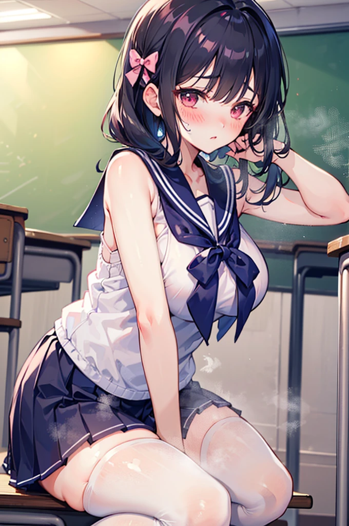 Perfect human body,1 girl, (very highly detailed background,Classroom),tying hair, 鎖骨,(Ultra-short,Sleeveless sailor suit),Bow knot,nabel,semi transparent,(White stockings),((woman with fever)), ((perspired,Steaming,college aged))), Colossal titpression of color)), (blush blush:1.2),