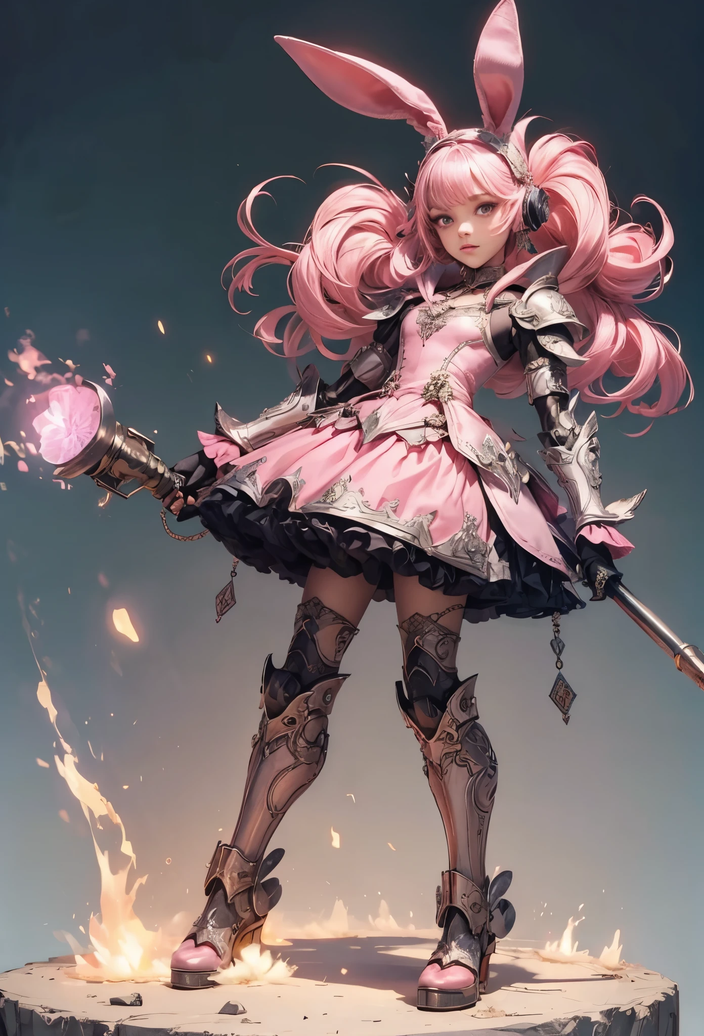 (Detailed illustrations,Very detailed and detailed drawing,Delicate lines with slow and rapid,Realistic texture expression),[Color tressed main line],(Battlefield of Fantasy World [Burning castle]),(GIRL ROBOT  (Pink rabbit [METALFACE])) [WEAPON MACHINE],(([petal] Metal Dress [frilld]) [Floral pattern] [Clear pink translucent armor covering the body surface]) [bow ribbon]) [Energy tube glowing at the joint],[use a sledgehammer as a weapon],[[Mobile Weapon Gigant Size][Science Fiction Mechanical]],(Metallic luster at metal),(Intricate and beautiful decoration [Dense detail]),(Precisely drawn face)[Perfect eye details(Iris beautifully drawn in every detail)[Jewel-like eyes]],[long and beautiful eyelashes],[Meticulously drawn hair [More on beautiful and shiny hair]],(Perfect hand details [Beautiful fingers without breakdowns [Beautiful nails]]),(Perfect Anatomy(Perfectly proportioned))[[Full body like]],[Ideal color coordination(Accurate simulation of light-material interactions)],[Visual art that conveys a sense of narrative].