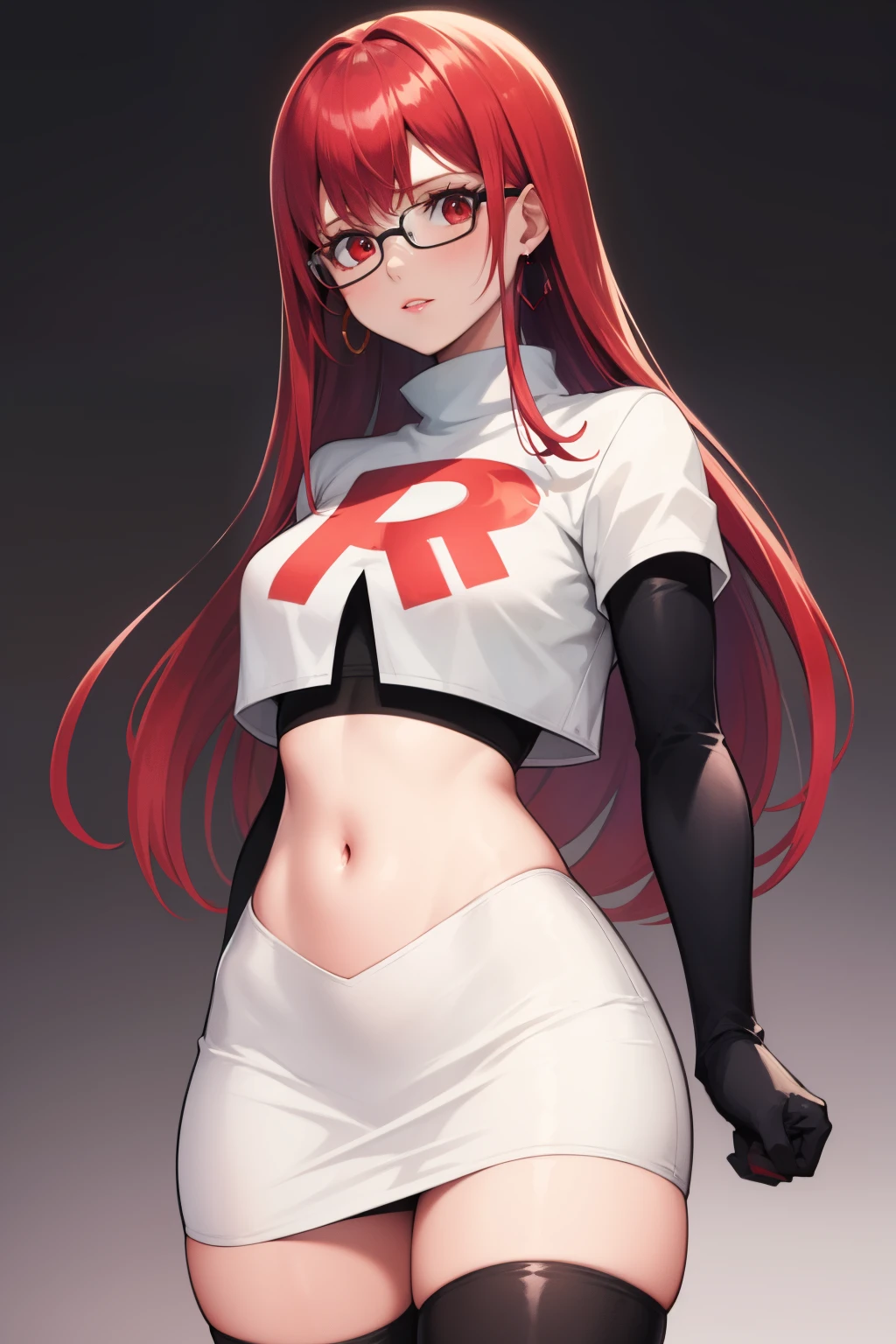 Yoshizawa Sumire, red hair ,long hair, glasses, straight hair, red eyes ,glossy lips, light makeup, eye shadow, earrings ,team rocket,team rocket uniform, red letter R, white skirt,white crop top,black thigh-high boots, black elbow gloves,