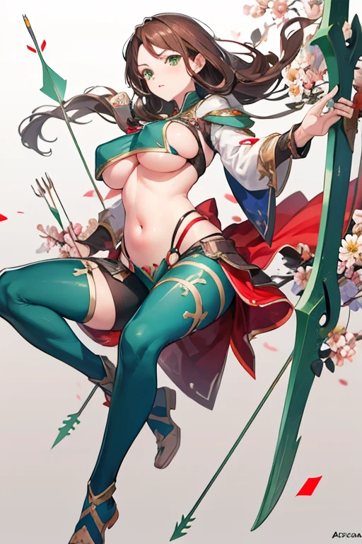 -arcana,arcana,Windranger anime style, solo, bow \(weapon\), weapon, 1girl, simple background, flower, long hair,, bug, green eyes, arrow \(projectile\), no humans, full bodyexposed belly, brown hair with red tips, short, (big boobs)
