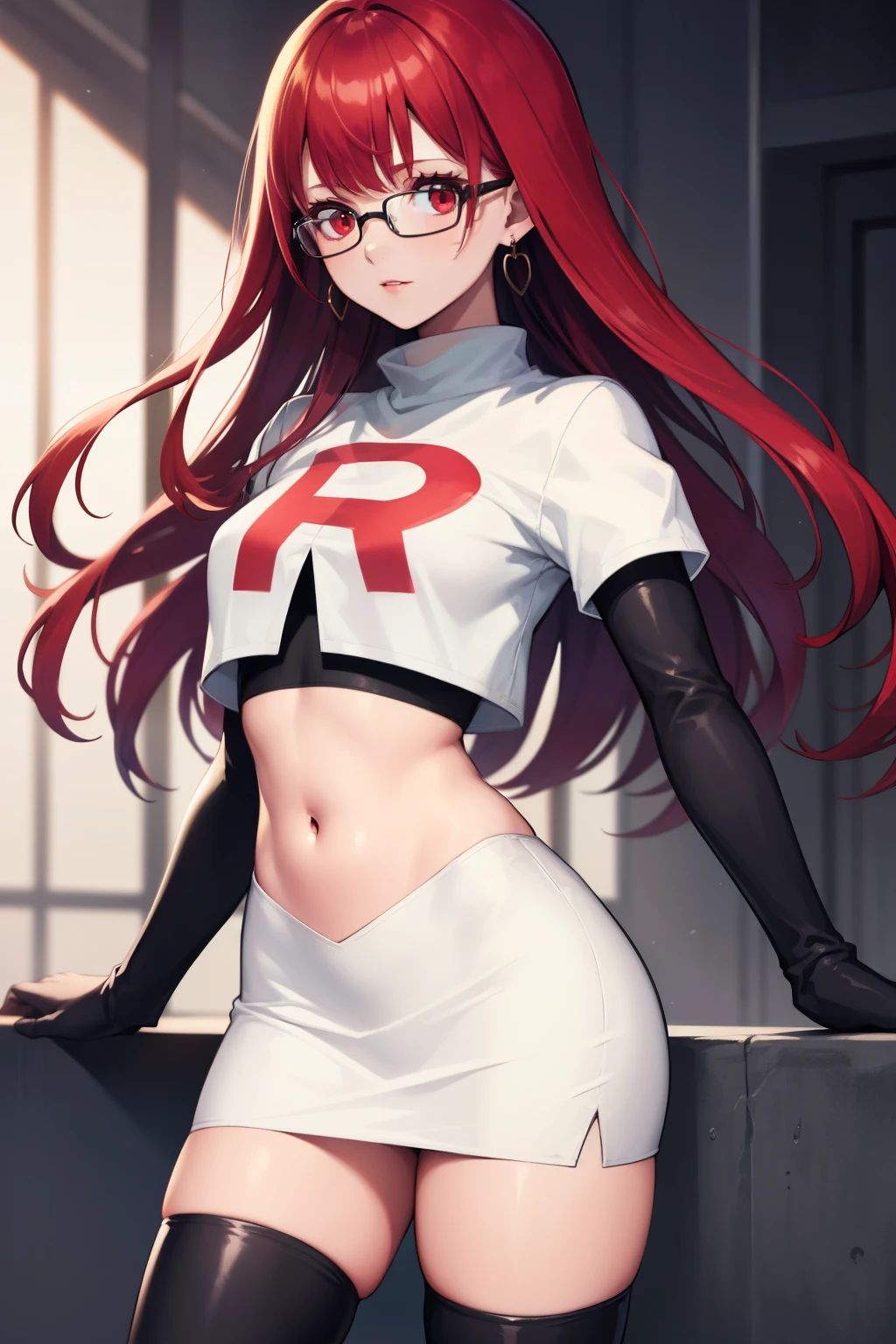 Yoshizawa Sumire, red hair ,long hair, glasses, straight hair, red eyes ,glossy lips, light makeup, eye shadow, earrings ,team rocket,team rocket uniform, red letter R, white skirt,white crop top,black thigh-high boots, black elbow gloves,