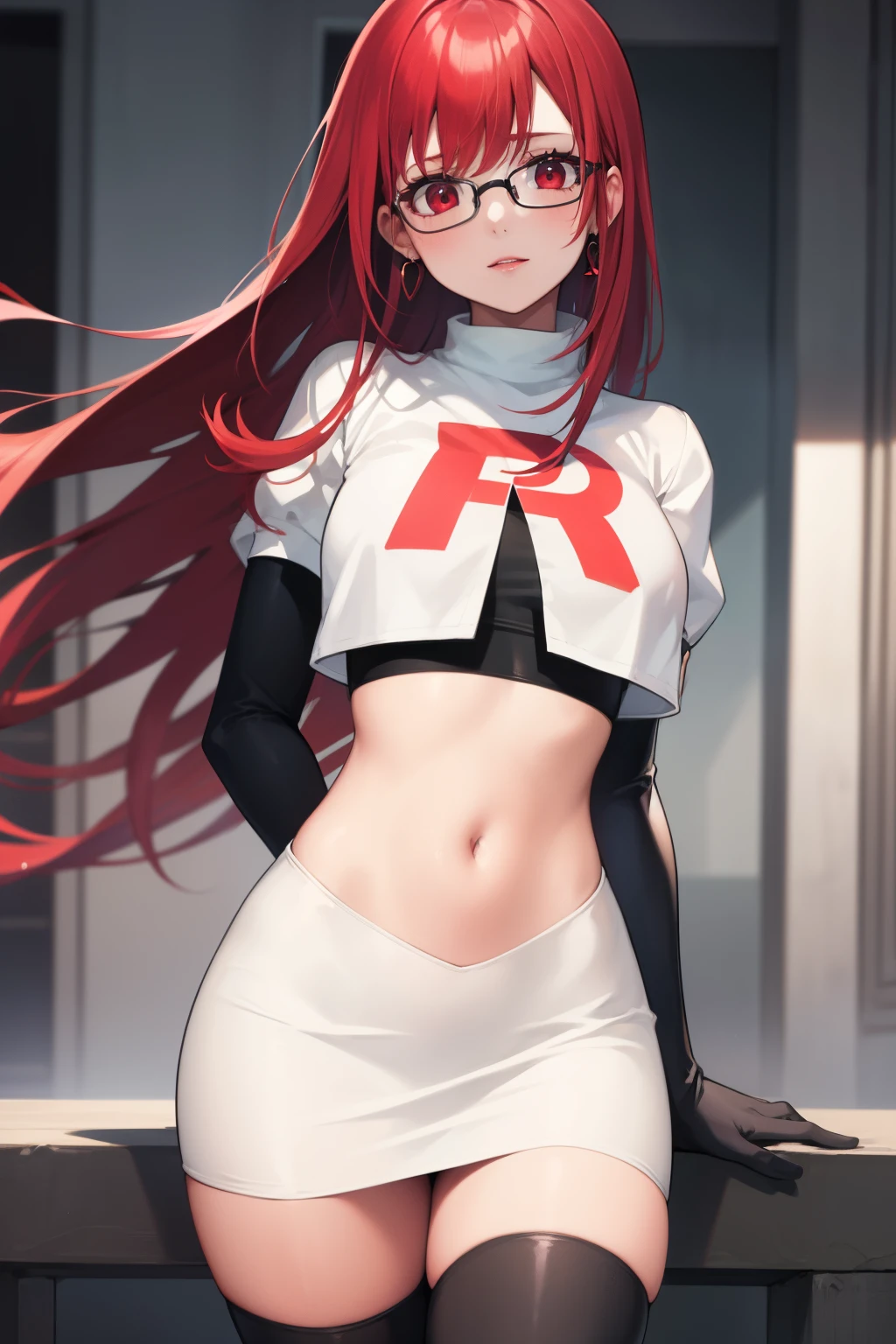 Yoshizawa Sumire, red hair ,long hair, glasses, straight hair, red eyes ,glossy lips, light makeup, eye shadow, earrings ,team rocket,team rocket uniform, red letter R, white skirt,white crop top,black thigh-high boots, black elbow gloves,