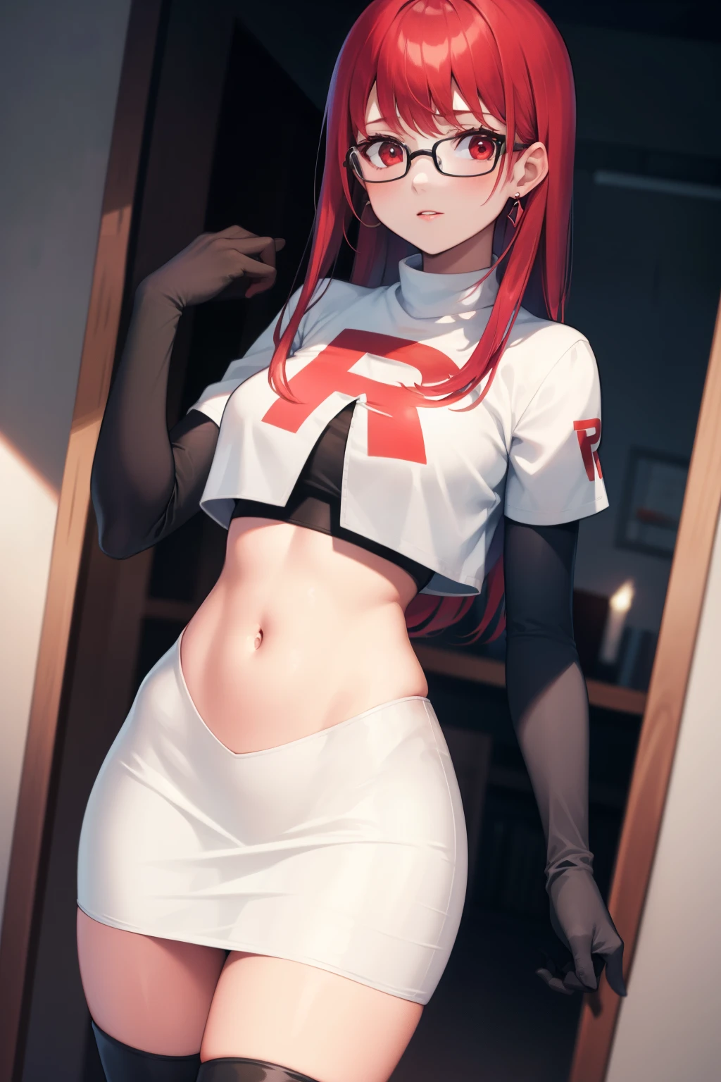 Yoshizawa Sumire, red hair ,long hair, glasses, straight hair, red eyes ,glossy lips, light makeup, eye shadow, earrings ,team rocket,team rocket uniform, red letter R, white skirt,white crop top,black thigh-high boots, black elbow gloves,