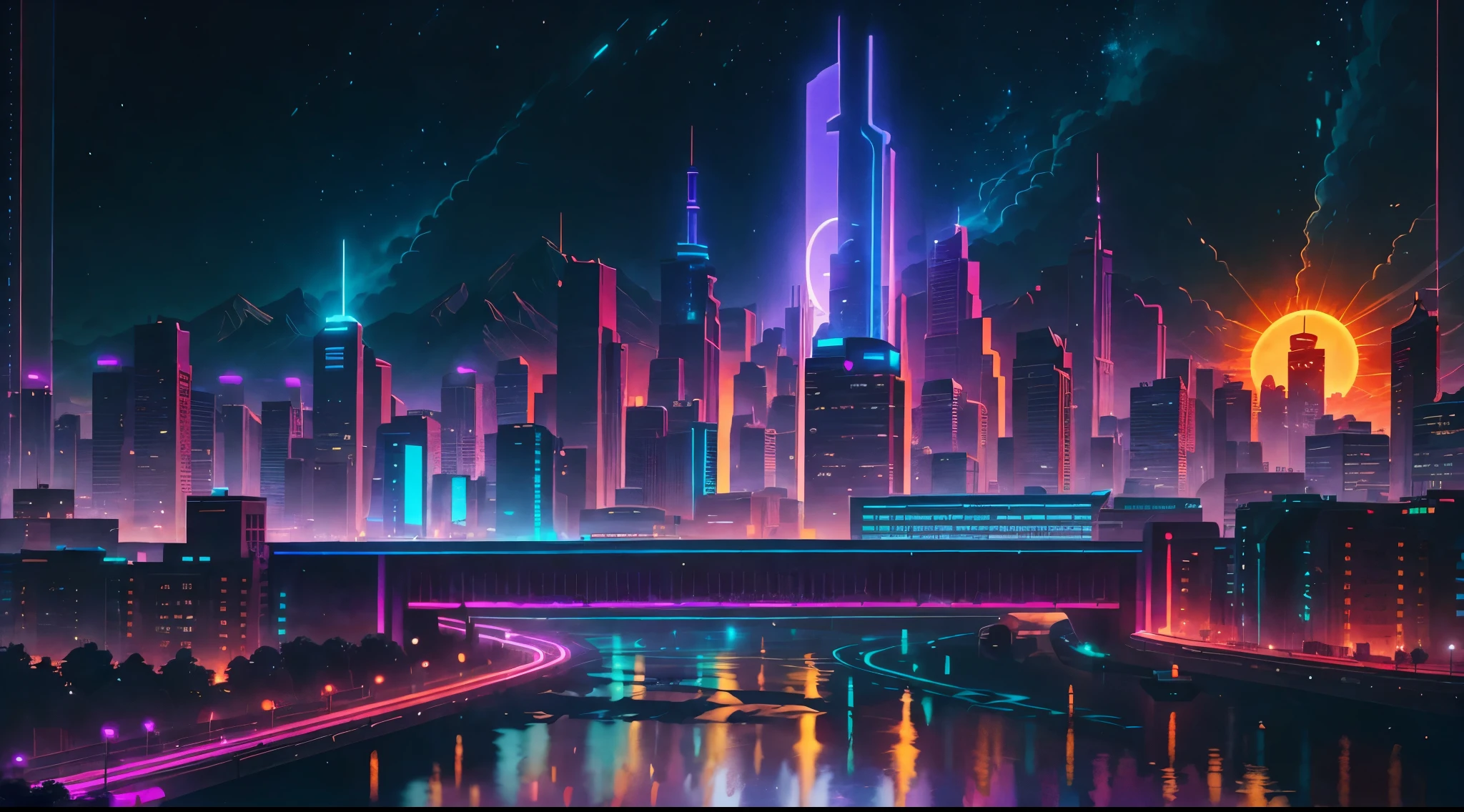 retrowave. city, 1969 Jesus Christ, hero, purple neon lights, sun, mountain, pc, wallpaper, (masterpiece, detailed, highres)