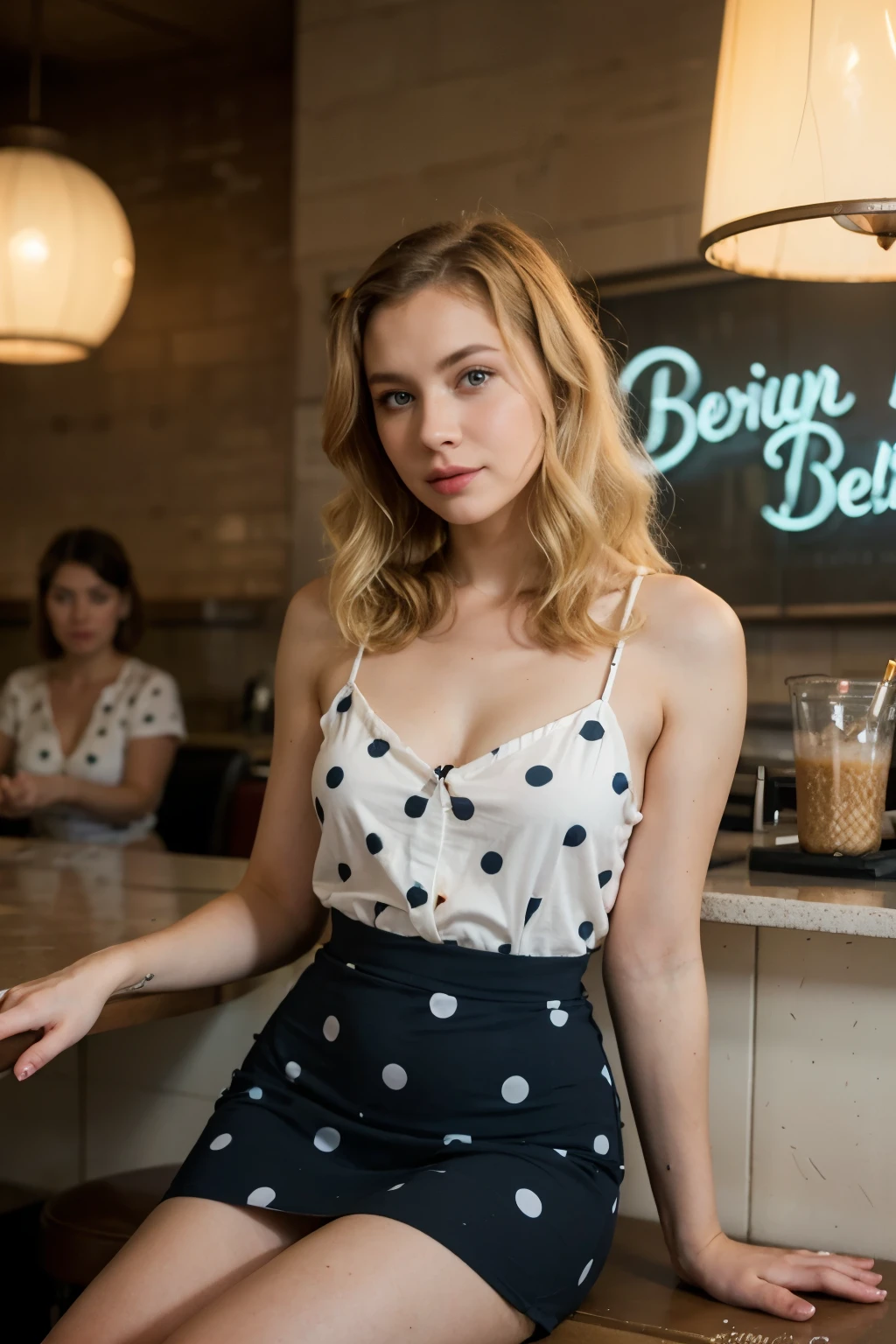 Extreamly realistic blonde Russian girl with blonde hair and blue eyes, at Retro Diner Delight:
Attire: A bright, polka-dot 1950s dress with a poodle skirt.
Location: Vintage diner with neon lights.
Position: Sitting at the counter, playfully sipping a milkshake.