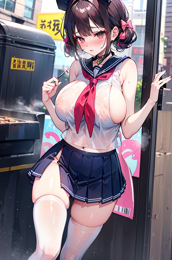 Perfect human body,1 girl,Thin girl, (the street), 鎖骨,Sleeveless sailor suit,Bow knot,Low-rise miniskirt,semi transparent,(White stockings),((woman with fever)), ((perspired,Steaming,college aged))), Colossal titpression of color)), (blush blush:1.2),crowd of,