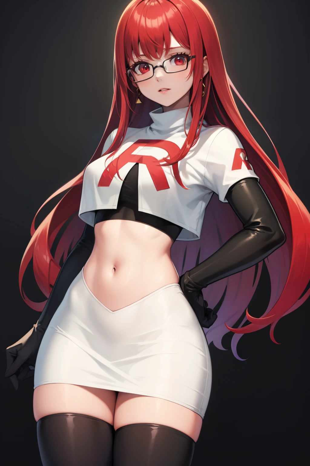 Yoshizawa Sumire, red hair ,long hair, glasses, straight hair, red eyes ,glossy lips, light makeup, eye shadow, earrings ,team rocket,team rocket uniform, red letter R, white skirt,white crop top,black thigh-high boots, black elbow gloves,