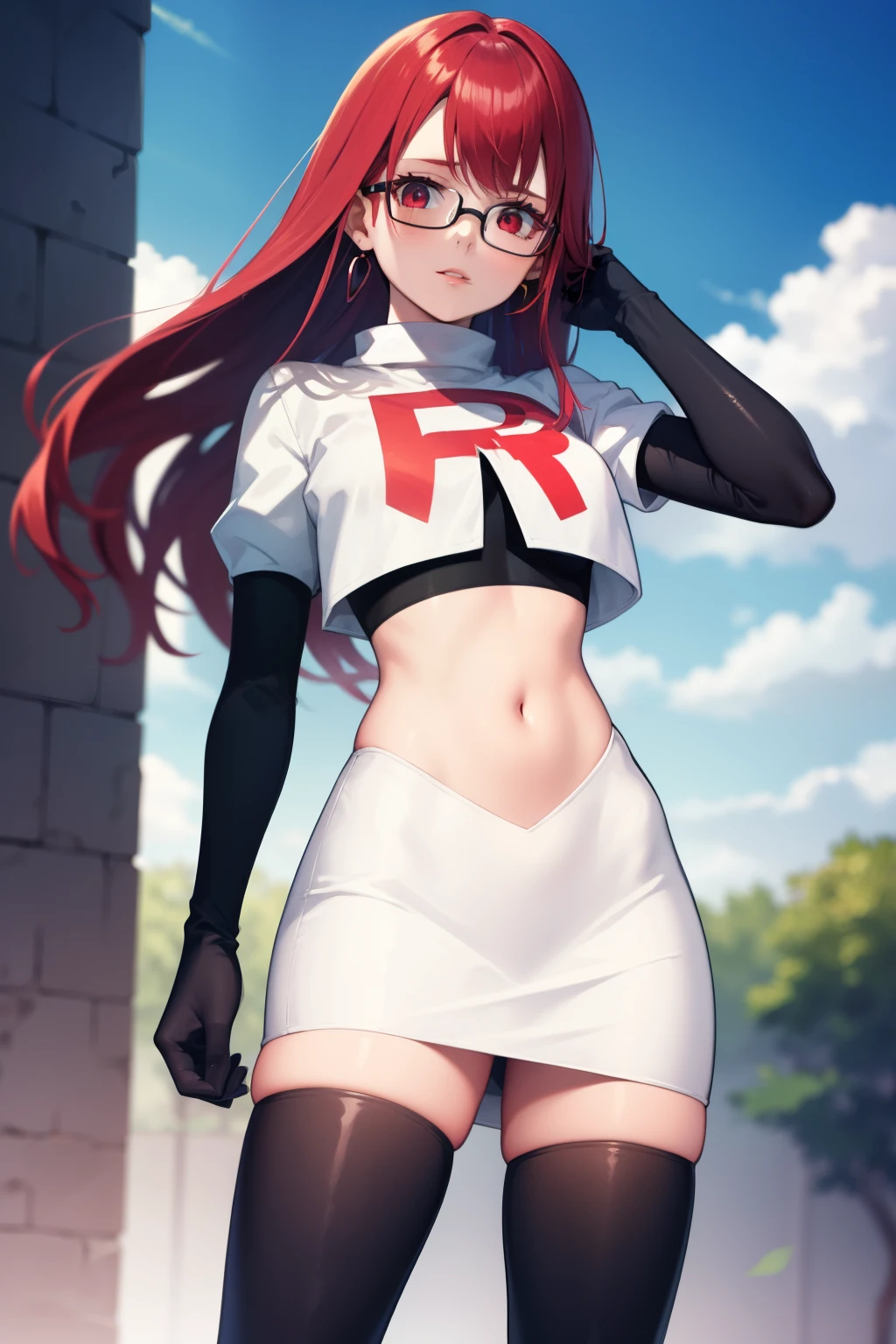 Yoshizawa Sumire, red hair ,long hair, glasses, straight hair, red eyes ,glossy lips, light makeup, eye shadow, earrings ,team rocket,team rocket uniform, red letter R, white skirt,white crop top,black thigh-high boots, black elbow gloves,