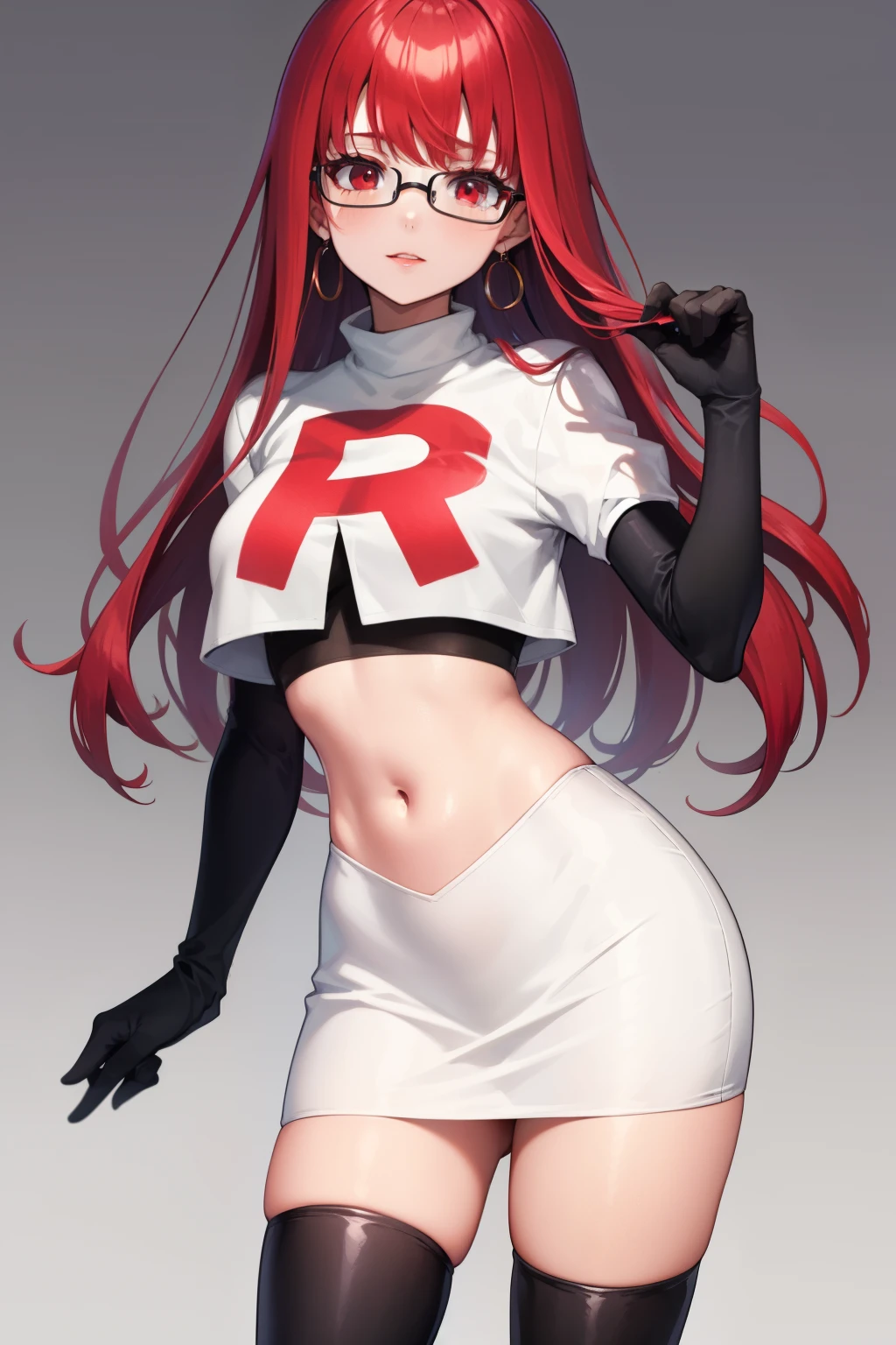 Yoshizawa Sumire, red hair ,long hair, glasses, straight hair, red eyes ,glossy lips, light makeup, eye shadow, earrings ,team rocket,team rocket uniform, red letter R, white skirt,white crop top,black thigh-high boots, black elbow gloves,