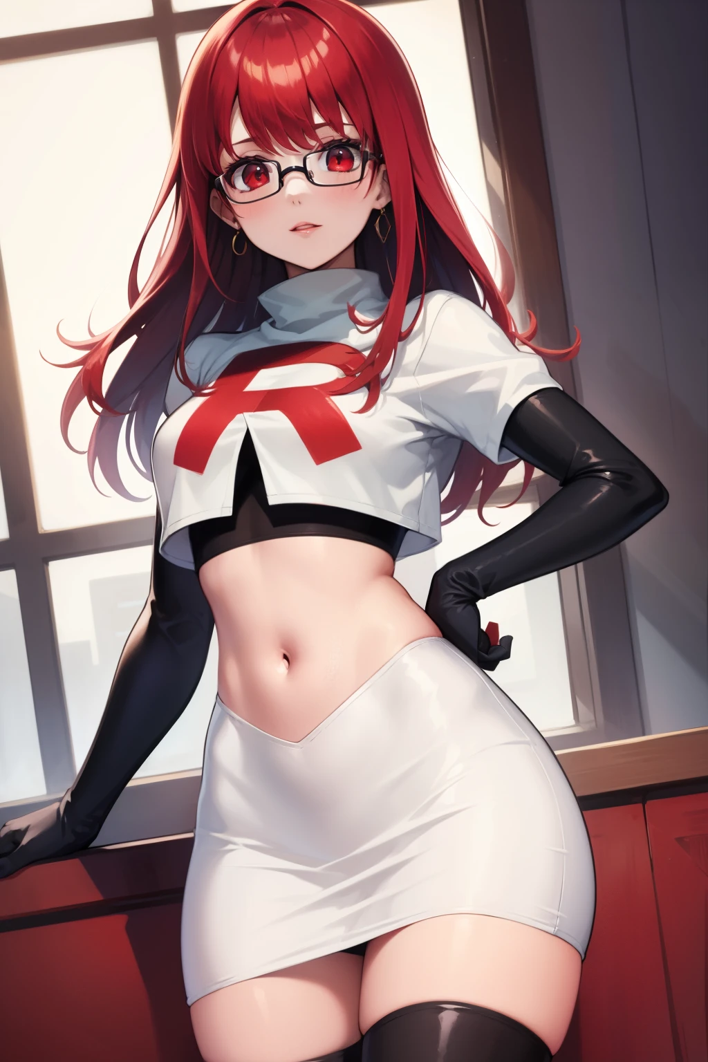 Yoshizawa Sumire, red hair ,long hair, glasses, straight hair, red eyes ,glossy lips, light makeup, eye shadow, earrings ,team rocket,team rocket uniform, red letter R, white skirt,white crop top,black thigh-high boots, black elbow gloves,