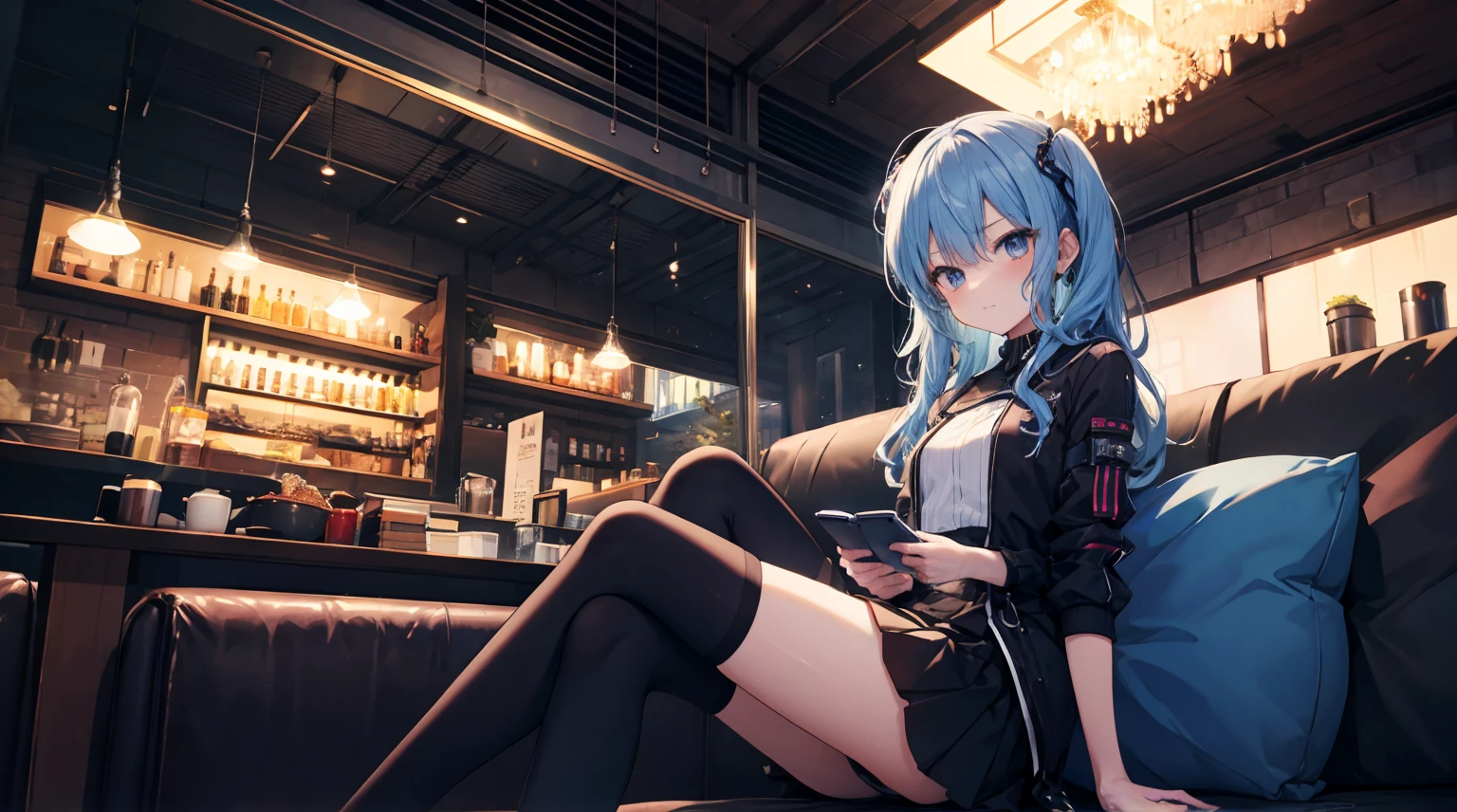one-girl,solo,blue long hair,Medium-hair long,dishiveredhair,Short-sleeved game suit,black short skirt,blue color eyes,cyber punk personage,natta, City background at night,Digital punk, Anime style 4k, sitting in the couch,Indoors,In the restaurant,Black stockings,Suisei Hoshimachi、Character-centric
