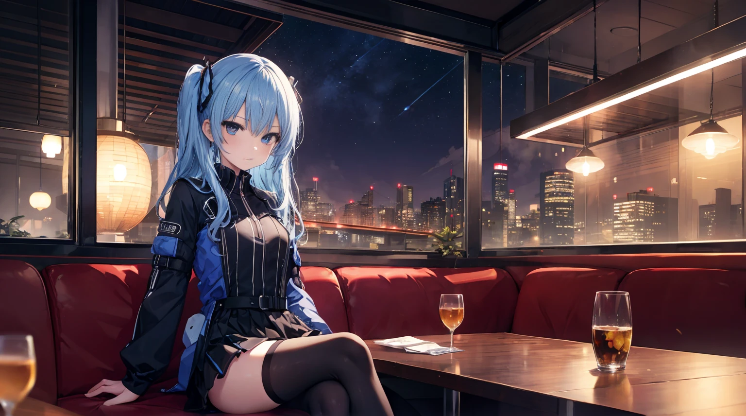 one-girl,solo,blue long hair,Medium-hair long,dishiveredhair,Short-sleeved game suit,black short skirt,blue color eyes,cyber punk personage,natta, City background at night,Digital punk, Anime style 4k, sitting in the couch,Indoors,In the restaurant,Black stockings,Suisei Hoshimachi、Character-centric