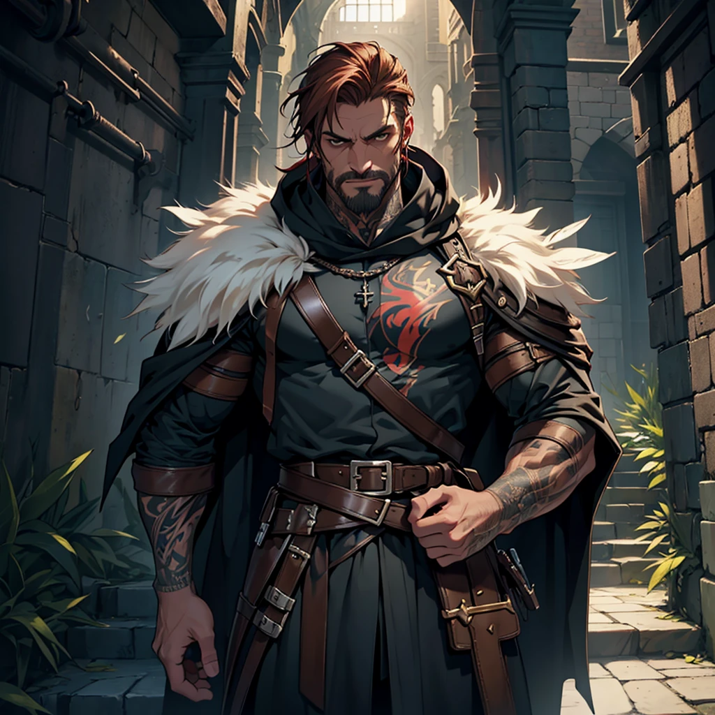 ​masterpiece, Best Quality, detailed, Cinematics, 4k, Background with: dark night medieval dungeon stairs, Wearing an assassin costume made of feathers, A middle-aged man with a full body tattoo and reddish-brown pomaded hair, big bulge