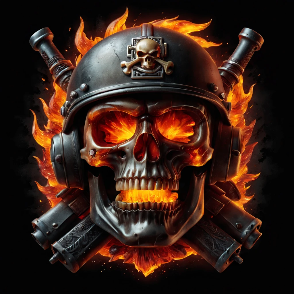 Harley Davidson logo design,t shirt design,beefy style,design only,white background,no model,professional,high contrast,high-res,ultra-detailed,vivid colors,metallic accents,sharp focus,edgy,dynamic composition,gritty texture,rough brush strokes,mechanical elements,chrome effect,classic typography,retro style,distressed look,aggressive lines and curves,3D rendering,striking visual impact,dark shadows,strong branding presence,monochromatic palette,industrial aesthetic, helmet samurai /imagine prompt: skull fire with gun llustration for a logo with a black background, in bold outline style, jagged edges, trashcore, light shading --v 5.2