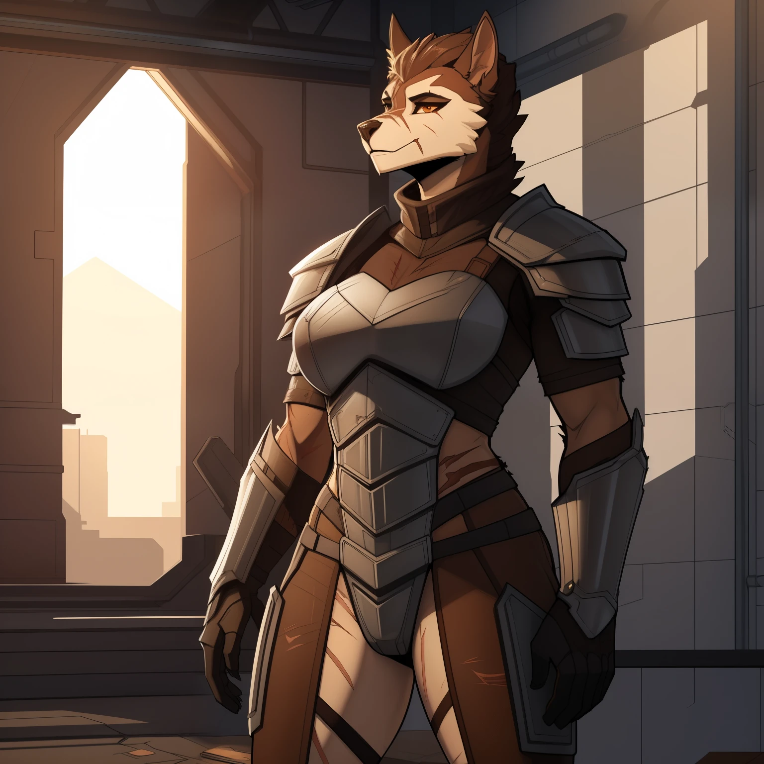 Tall_lanky_gnoll female brown_multitoned_furry_body brown_eyes very_fluffy scars steel_armor solo Masterpiece best_quality absurdres highly_detailed cleanly_drawn_eyes anthro_only by_claweddrip, by_greasymojo, by_underscore-b, by_runawaystride