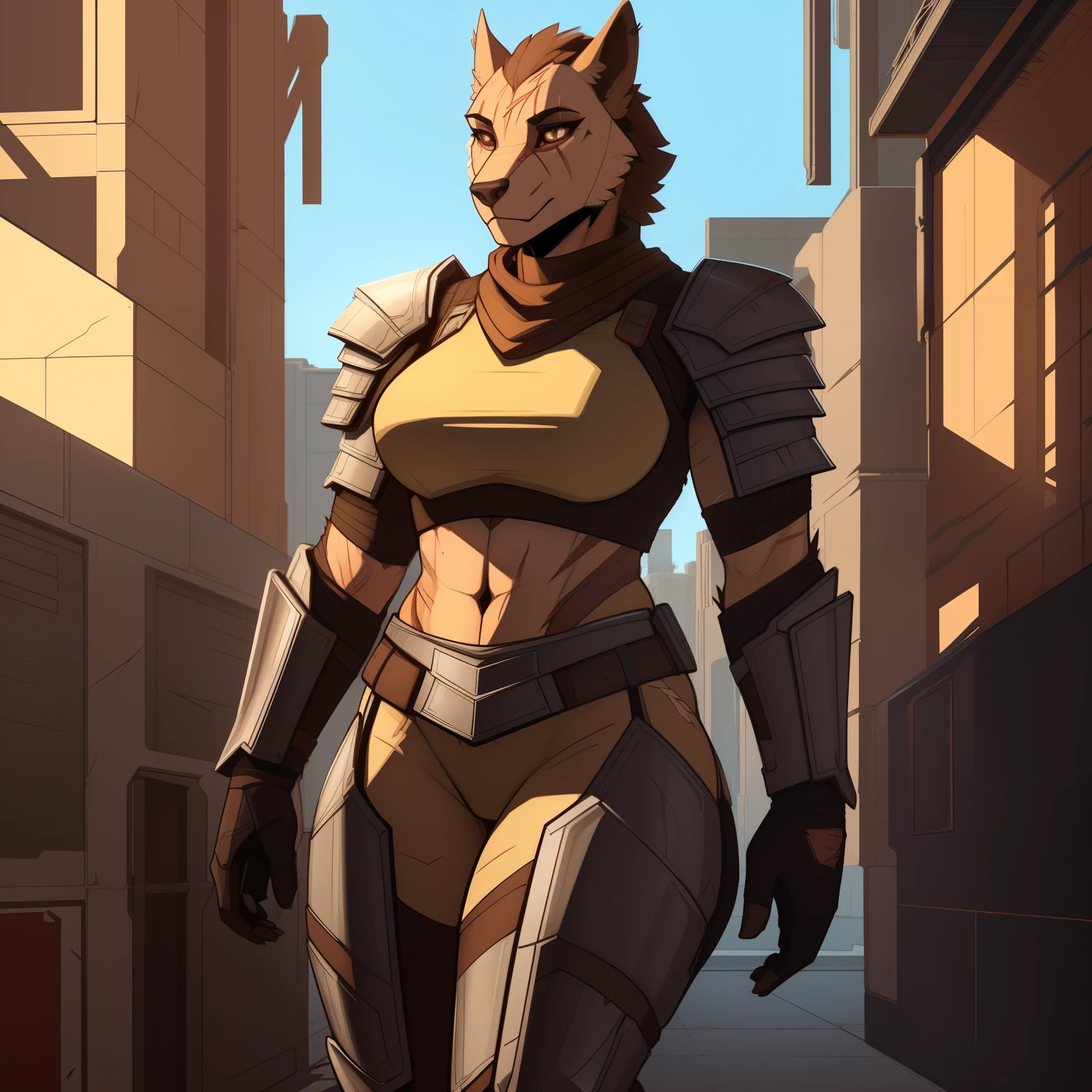 Tall_lanky_muscular_hyena female brown_multitoned_furry_body brown_eyes very_fluffy scarred_body steel_armor solo Masterpiece best_quality absurdres highly_detailed cleanly_drawn_eyes anthro_only by_claweddrip, by_greasymojo, by_underscore-b, by_runawaystride