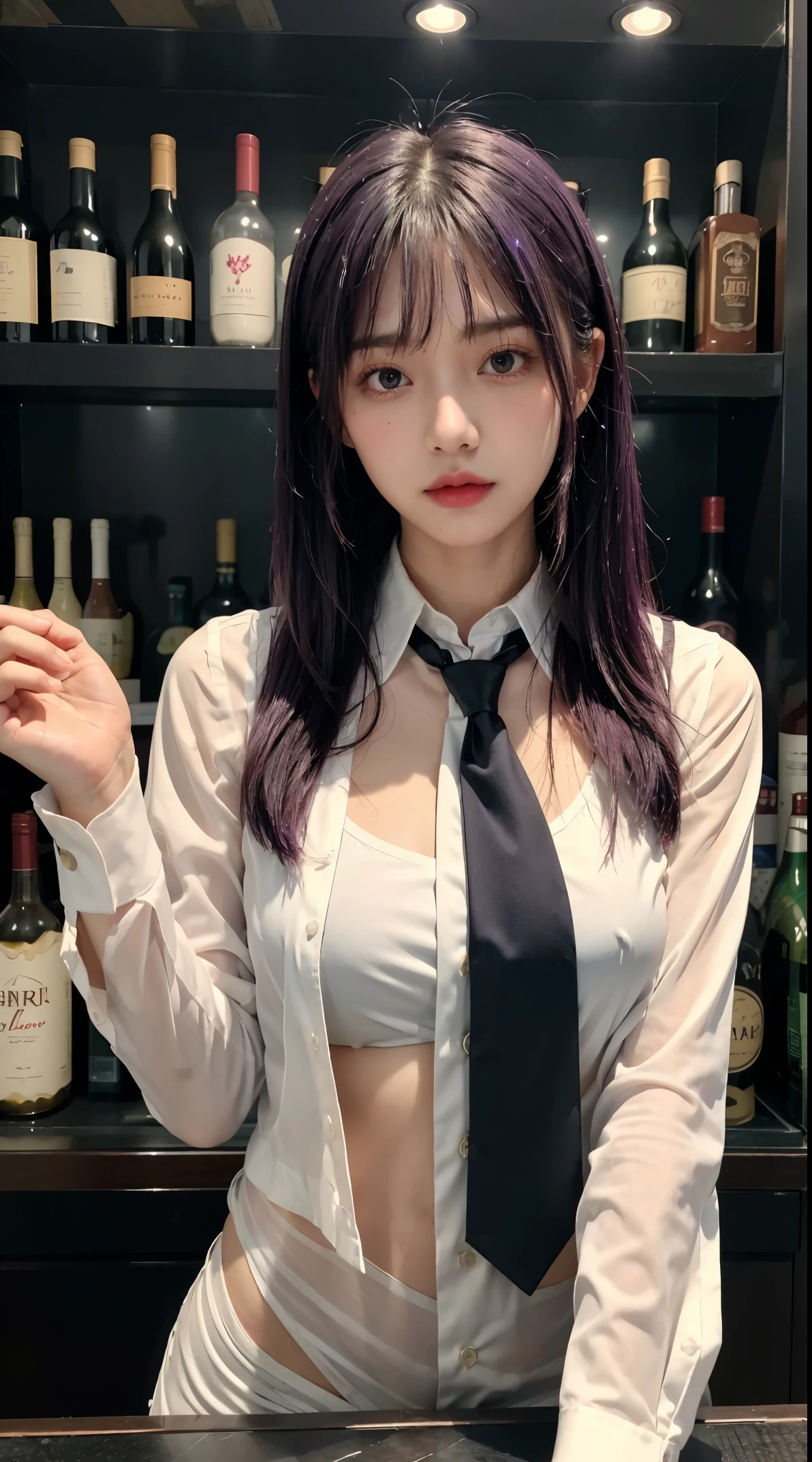 1girl, solo, bangs, blush, hand on own chest, jill stingray, long sleeves, looking at viewer, purple hair, medium breasts, necktie, transparent shirt, solo, upper body, vest,  bartender, vest, white shirt, full body shot, skimpy clothes, wet body, nipple erect visible