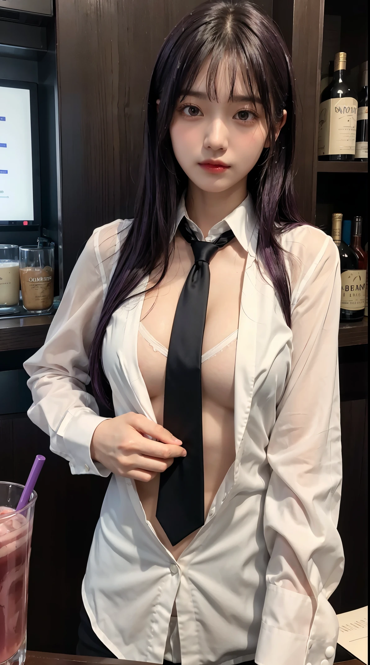 1girl, solo, bangs, blush, hand on own chest, jill stingray, long sleeves, looking at viewer, purple hair, medium breasts, necktie, transparent shirt, solo, upper body, vest, bartender, vest, white shirt, full body shot, skimpy clothes, wet body, nipple erect visible