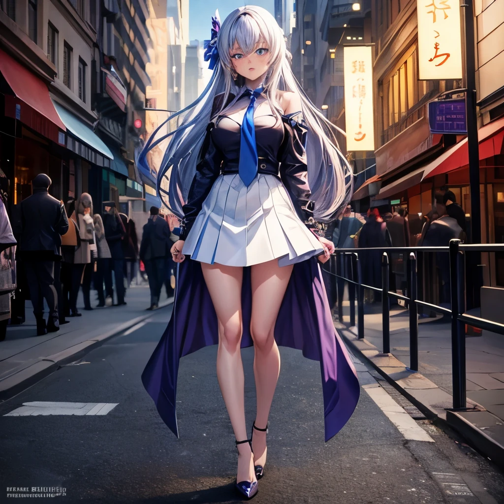8K, Girl, solo, Full Body, Long hair, white hair, Yellow eyes, Sad mouth, blush, nervous, detailed face, Breasts, big Breasts, large Breasts, big Butt, Short Dark BLUE dress, tight dress, in a public show