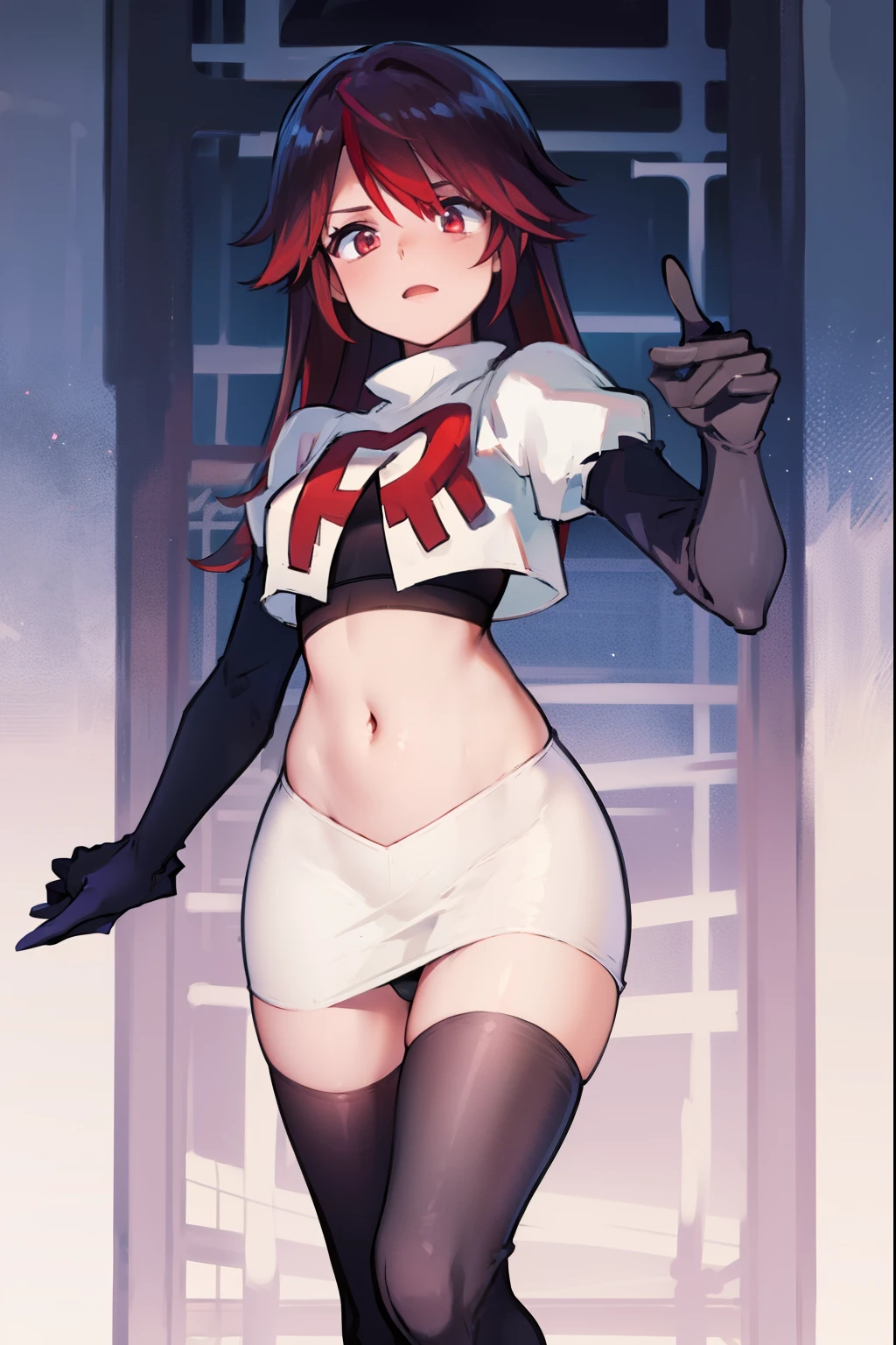 rosariarnd, team rocket,team rocket uniform, red letter R, white skirt,white crop top,black thigh-highs,black elbow gloves