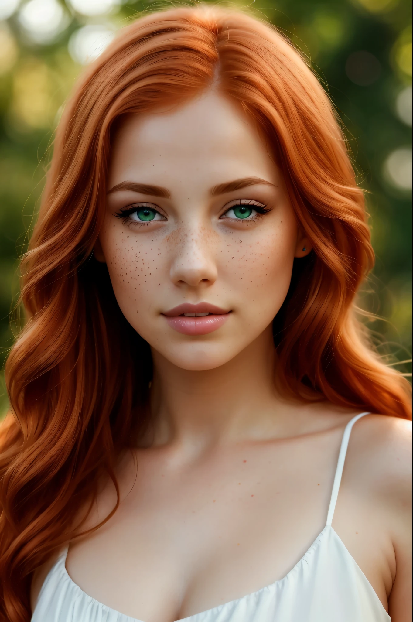 A photo of a beautiful sexy woman. Topless. Confident gaze. Strawberry blonde hair with red highlights. wavy blond hair. Pale Green eyes. Full lips, lips parted, slight smile. Teeth visible. Cute round nose. (Round face). Light face freckles. Perfect . Flawless, no wrinkles. Dramatic makeup. False eyelashes. Sexy Busty, Deep cleavage. Detailed masterpiece natural photo. Warm sunset. Bokeh, polarising filter.