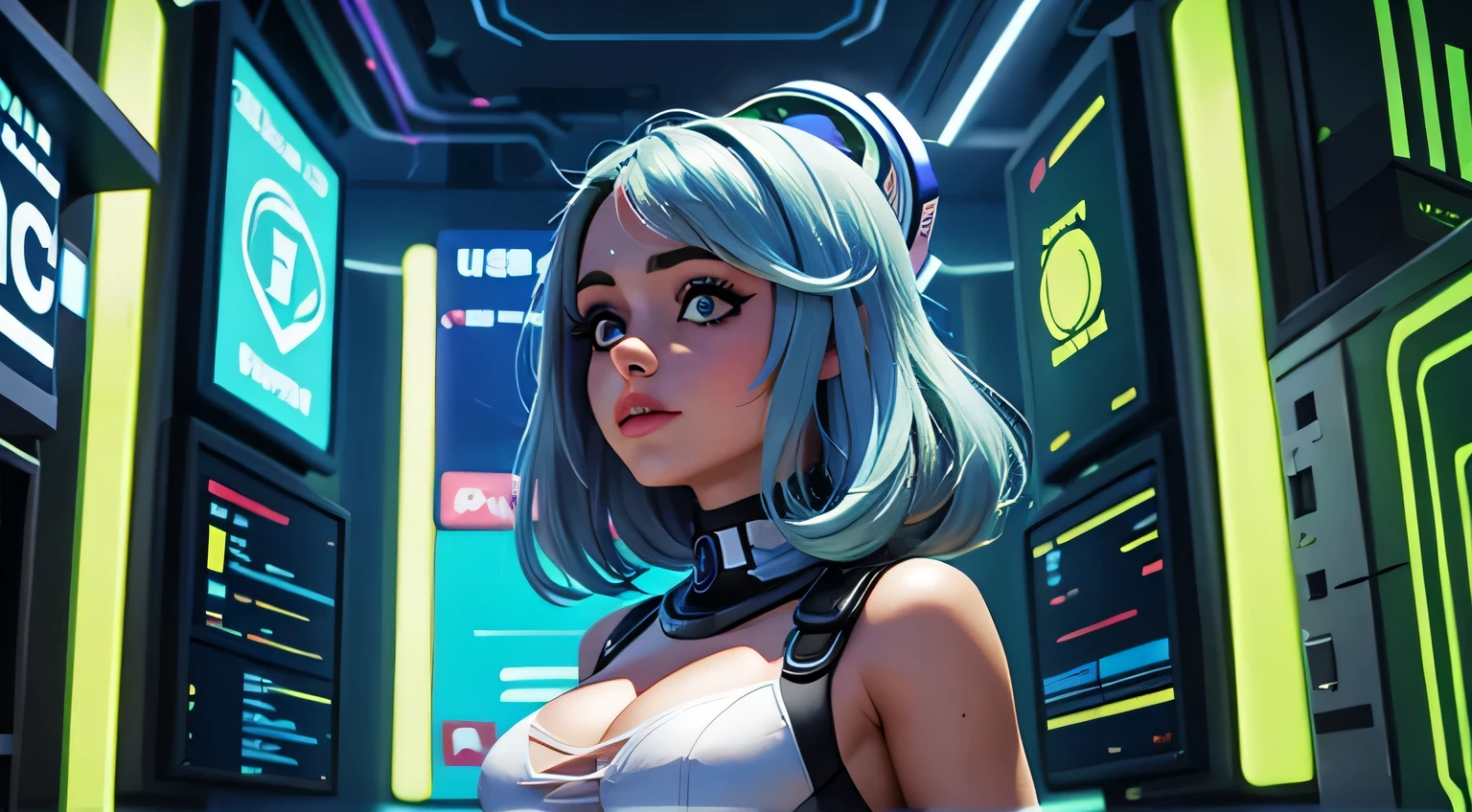 Uma ia como ela se ver uma garota linda em meio a uma cidade cyber pan