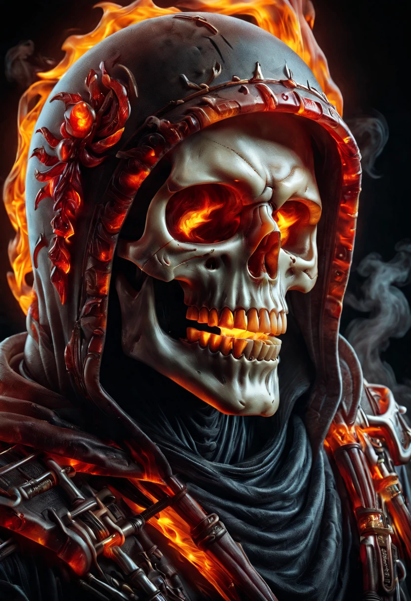 a close up of a skull with a hood and a cape, flaming grim reaper, beautiful male god of death, ghost rider, fiery skull contemplating life, glowing red skull, grim reaper, the grim reaper, 8 k highly detailed ❤🔥 🔥 💀 🤖 🚀, flaming skull, the king of death, evil death, dark but detailed digital art design,t shirt design,beefy style,design only,white background,no model,professional,high contrast,high-res,ultra-detailed,vivid colors,metallic accents,sharp focus,edgy,dynamic composition,gritty texture,rough brush strokes,mechanical elements,chrome effect,classic typography,retro style,distressed look,aggressive lines and curves,3D rendering,striking visual impact,dark shadows,strong branding presence,monochromatic palette,industrial aesthetic, helmet samurai /imagine prompt: skull fire with gun llustration for a logo with a black background, in bold outline style, jagged edges, trashcore, light shading --v 5.2