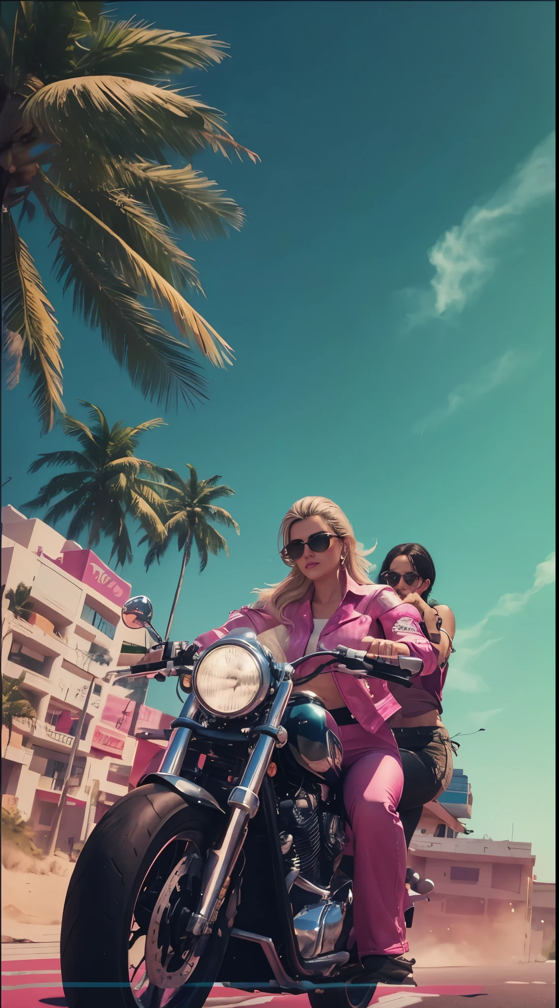 No estilo de Grand Theft Auto Vice City, uma mulher de 40 anos, cabelos castanhos escuros, longos e lisos pilotando uma moto, in the style of narrative compositions, realista, but romantic, retroonda, Desenhos fotorrealistas, Hurufiyya, manchas borradas e poses exageradas