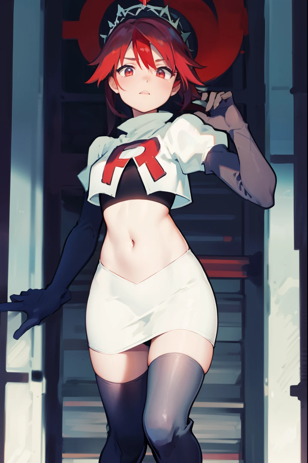 rosariarnd, team rocket,team rocket uniform, red letter R, white skirt,white crop top,black thigh-highs,black elbow gloves