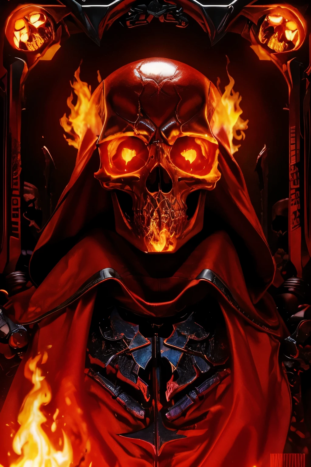 a close up of a skull with a hood and a cape, flaming grim reaper, beautiful male god of death, ghost rider, fiery skull contemplating life, glowing red skull, grim reaper, the grim reaper, 8 k highly detailed ❤🔥 🔥 💀 🤖 🚀, flaming skull, the king of death, evil death, dark but detailed digital art