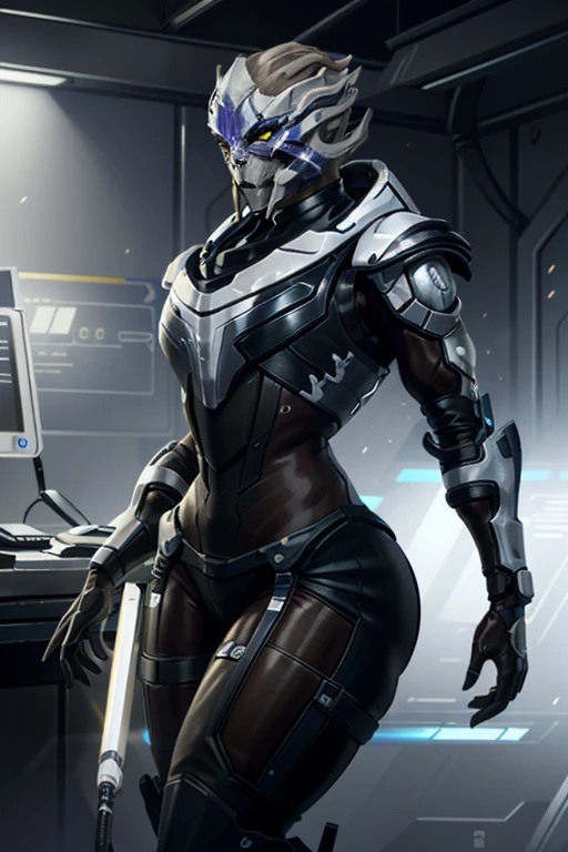 (masterpiece, best quality) armor, yellow eyes, alien, VetraMEA, solo, official alternate costume, glowing, science fiction, wide hips, thick thighs