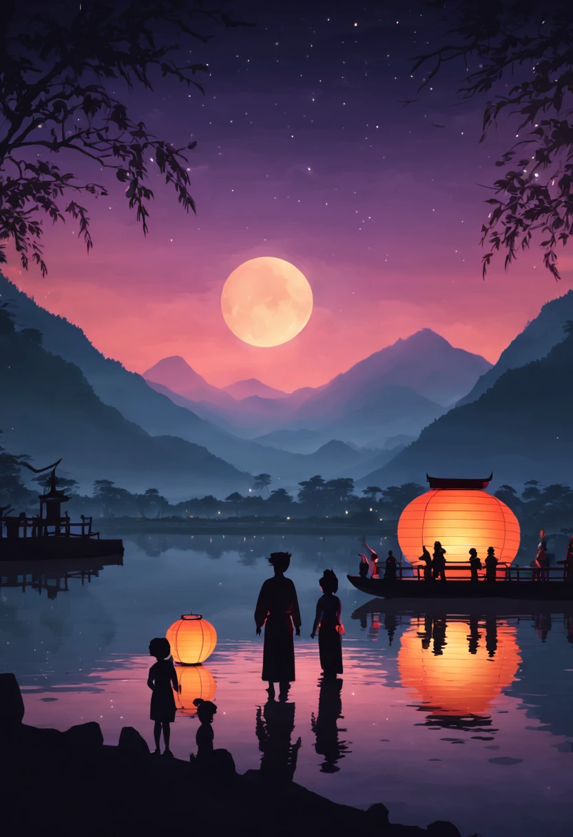 Traditional New Year's lantern festival in an East Asian hometown, river with floating lanterns, silhouette of mountains in the background, full moon, families gathering, (traditional attire:1.2) (soft ambient light) (colorful lantern glow) (serene atmosphere) (4k resolution)