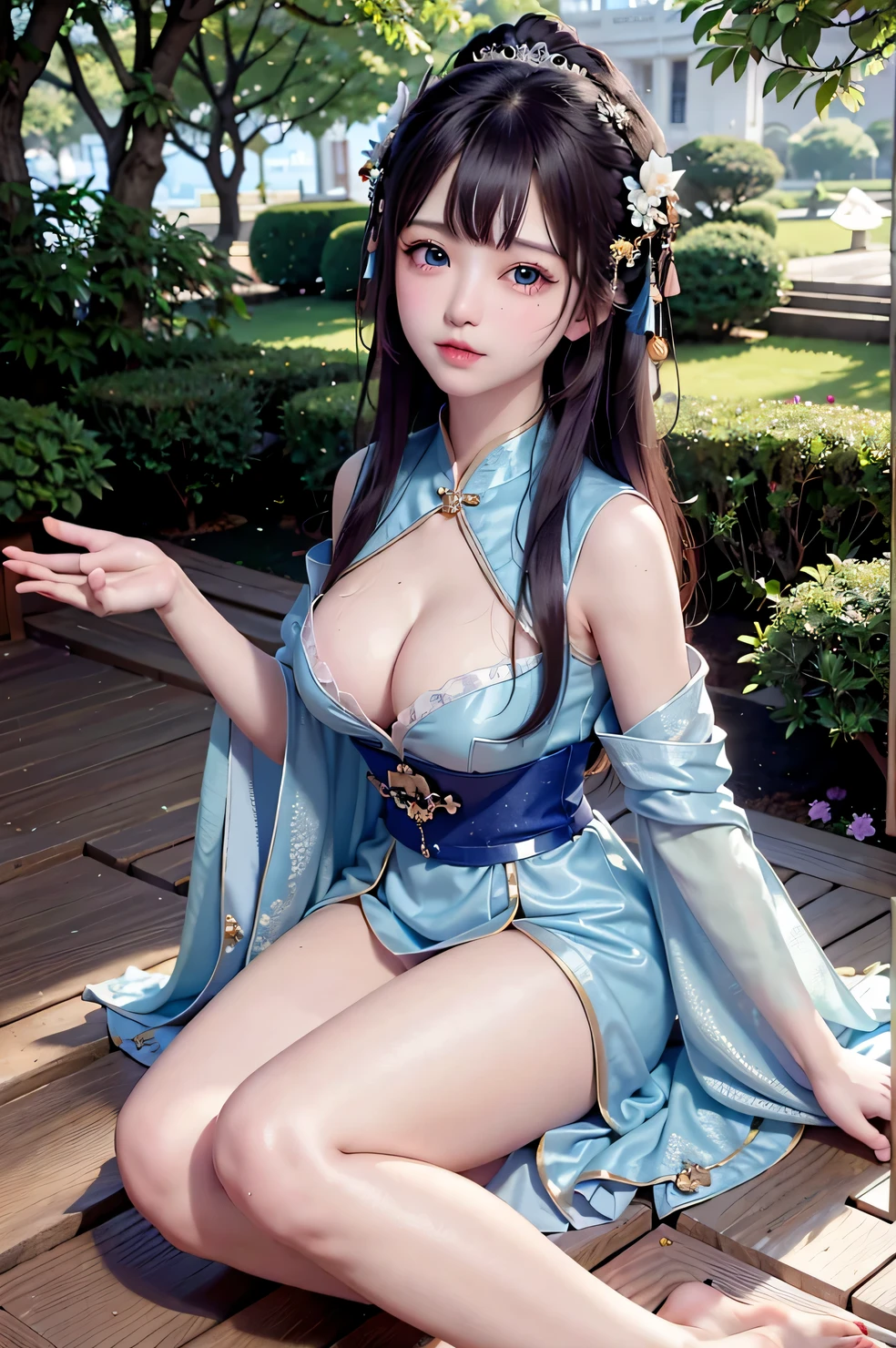 a princess 10 yeald old cute Hanfu dynasty open V-chested clothes royal, Wet body of thin silk fabric, Thin silk lace dress, (huge boobs，cleavage),, white pink ，best qualtiy，tmasterpiece，超高分辨率，（真实感：1.4），RAW photogr，（True skin texture：1.3），（filmgrain：1.3），（Selfie angle），1个Giant Breast Girl，Beautiful eye and face details，tmasterpiece，Best quality at best，，The chest more exposed， detailed hair，above looking down facing at camera,short dressPrincess Eyes,Super big eyes,Detailed face,shiny pupils, (a garden,moon palace,)